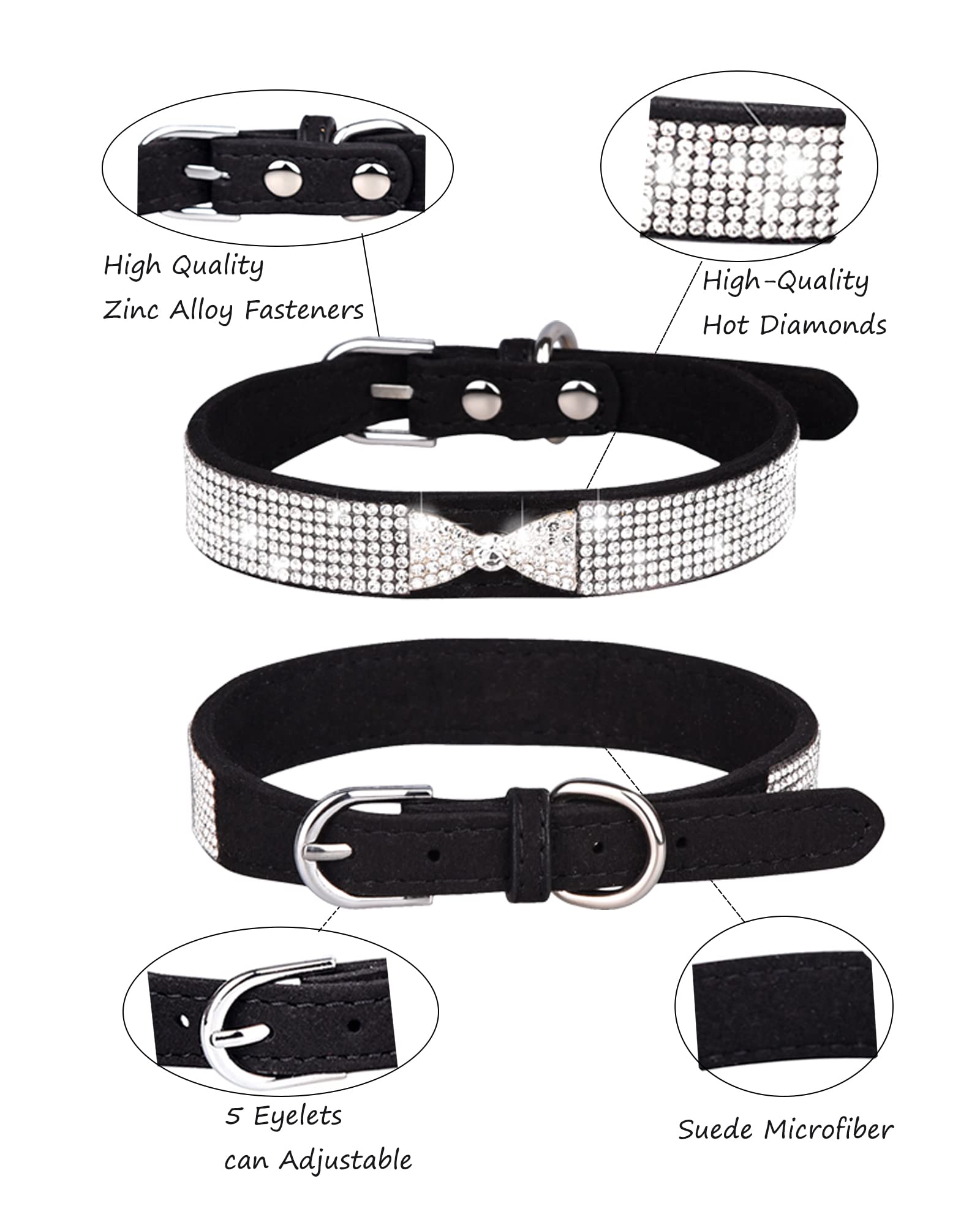 Adjustable Leather Suede Bling Dog Collar with Rhinestones - Pink & Black Small Dog Collar for Puppies & Cats | Perfect for Daily Walks, Pet Grooming & Special Occasions