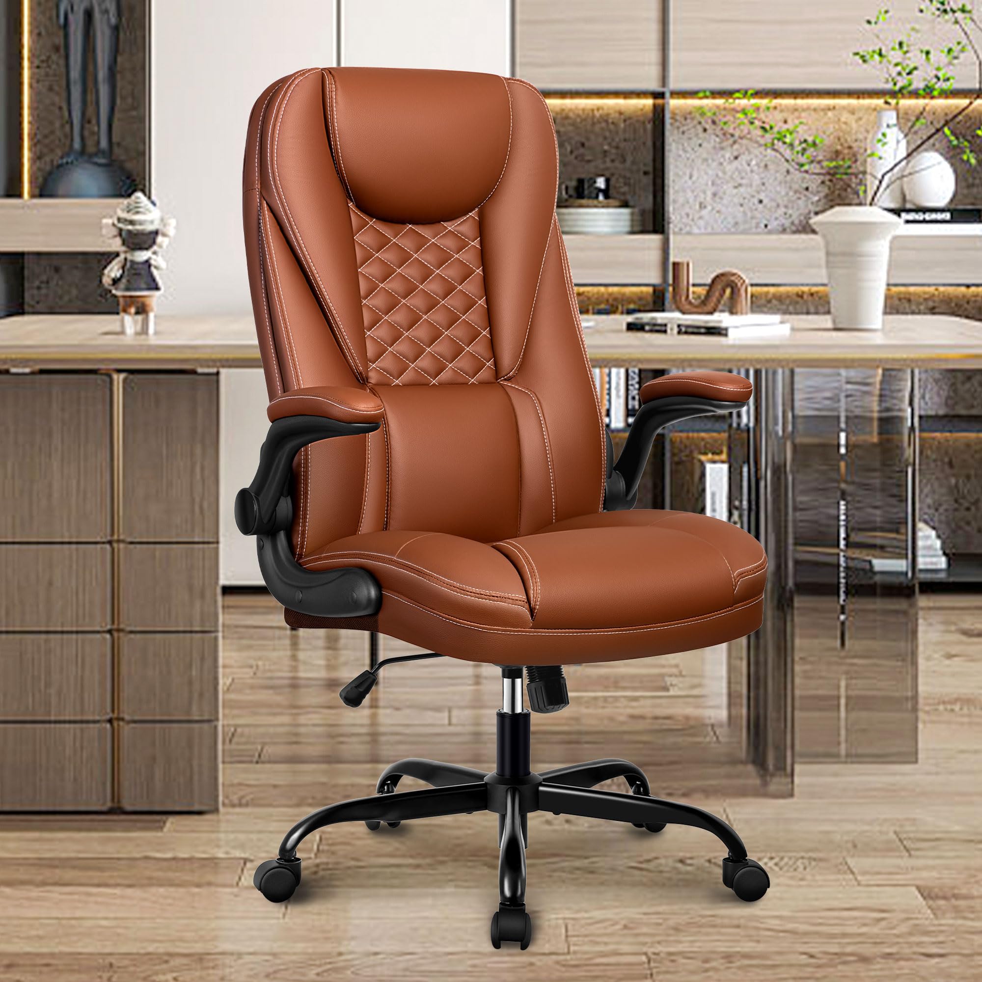 Premium Big and Tall Executive Office Chair - Ergonomic Leather High Back Chair with Lumbar Support & Adjustable Flip-Up Arms - Home Office Desk Computer Chair (Brown) - Perfect for Long Work Hours & Gaming Sessions