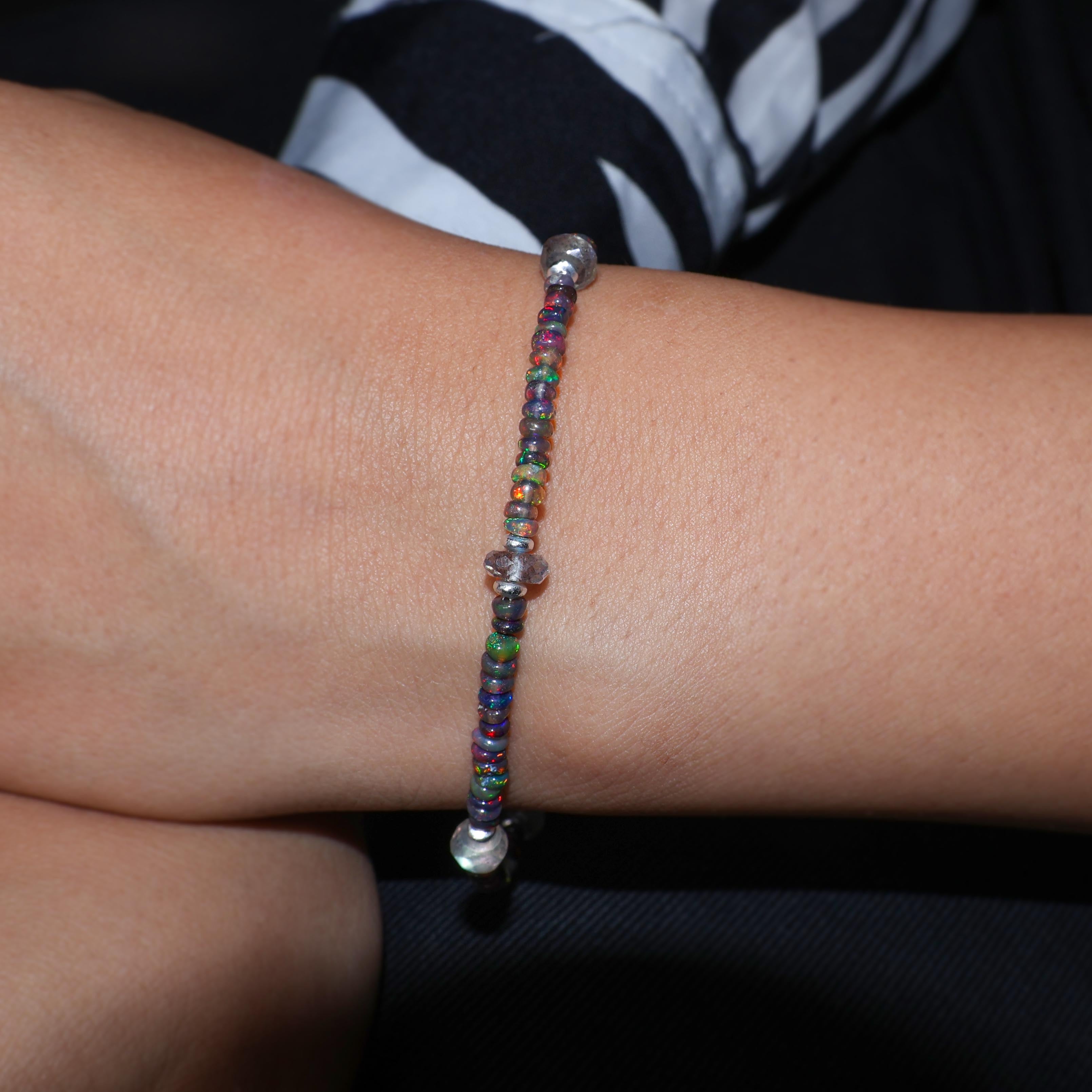 Black Opal Beaded Bracelet with Moonstone Charms - Handmade Boho Jewelry for Women - Perfect for Yoga, Meditation & Spiritual Healing