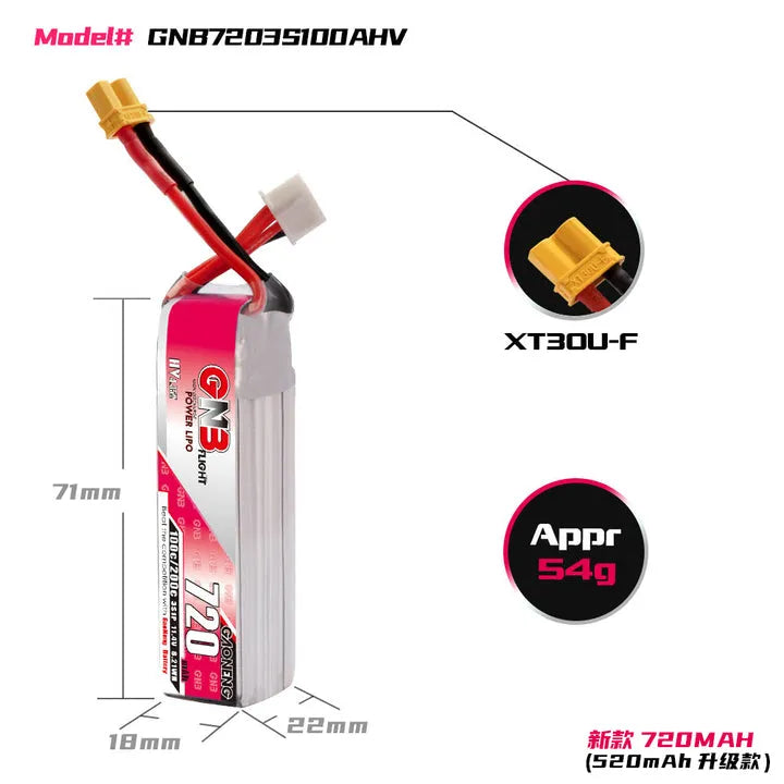 GNB 720mAh 11.4V 3S 100C HV Lipo Battery with XT30 Plug (2-Pack) - High Performance RC Drone FPV Racing Battery for Quadcopters and Mini Drones