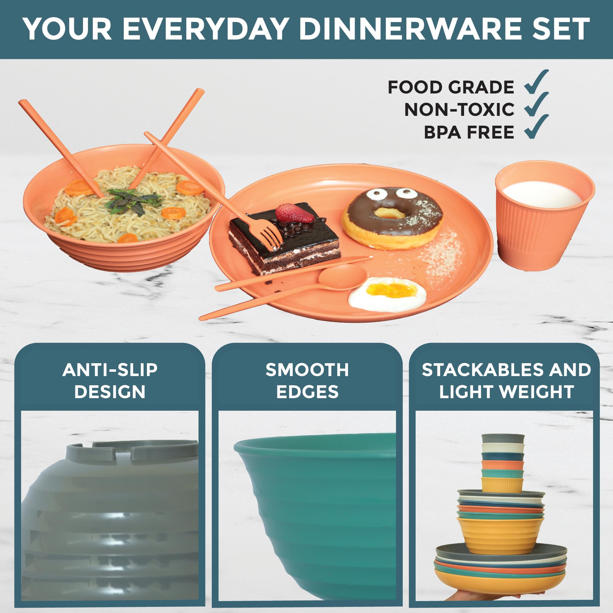 48 Pcs Eco-Friendly Wheat Straw Dinnerware Set for 6 - Unbreakable, BPA-Free Plates, Bowls & Cups - Microwave & Dishwasher Safe - Lightweight RV Camping Dishes for Outdoor Picnics, Parties & Travel