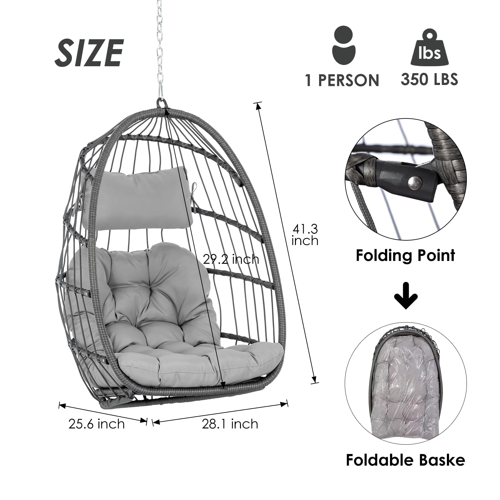 Foldable Hanging Egg Chair - Indoor/Outdoor Wicker Rattan Swing Chair with UV Resistant Cushions & Aluminum Frame - Hammock Chair for Bedroom, Patio, Camping, Garden Relaxation (Grey)