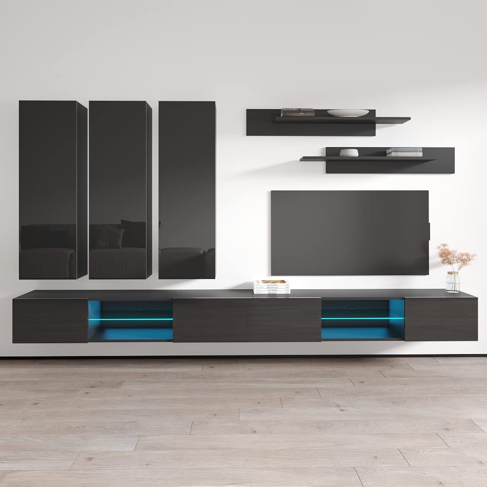 Modern Wall-Mounted TV Stand with Storage & LED Lights - Fly E33 Entertainment Center Console for Living Room & Bedroom - Floating TV Shelf Unit with Adjustable Shelves (Gray) - Perfect for Small Spaces & Home Theater Setup