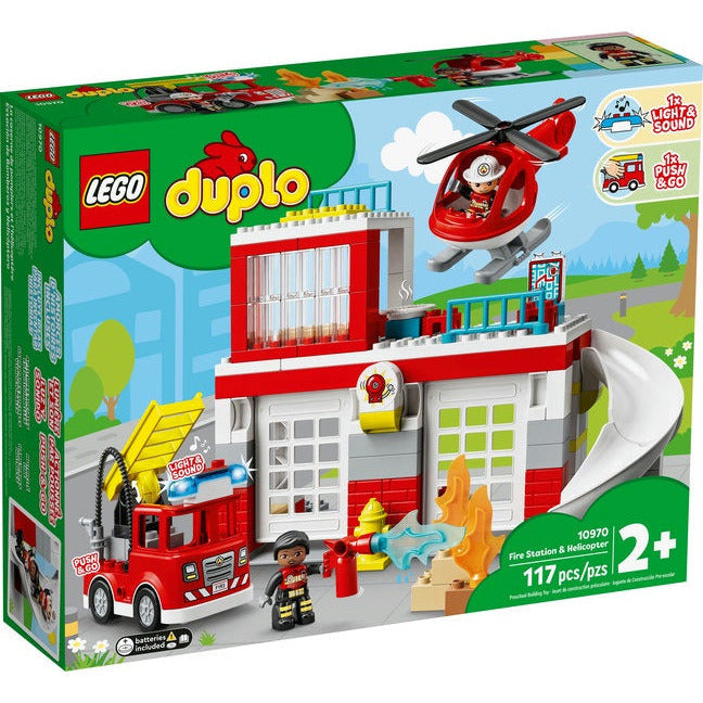 LEGO DUPLO Fire Station & Helicopter Toy Set 10970 - Building Blocks for Toddlers, Preschool Learning, Firefighter Role Play & Imaginative Play