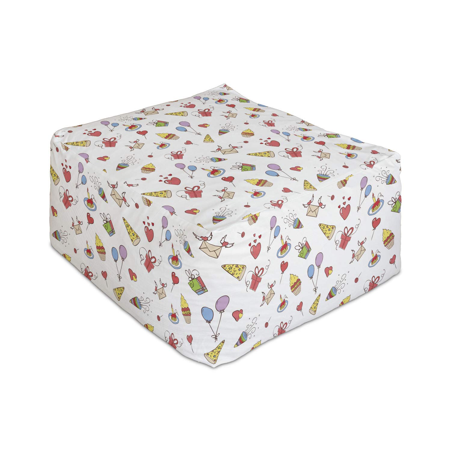 Ambesonne Birthday Rectangle Pouf Ottoman - Hand Drawn Cupcakes, Hearts & Party Hats Design - 25