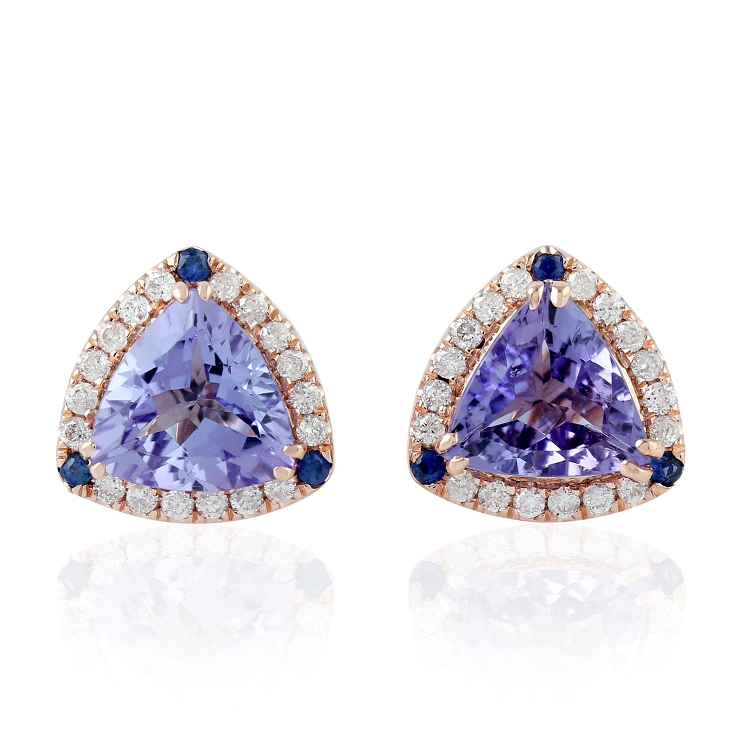 Blue Sapphire Triangle Tanzanite Diamond Stud Earrings in 18K Rose Gold - Elegant Jewelry for Women, Perfect for Weddings, Parties & Special Occasions