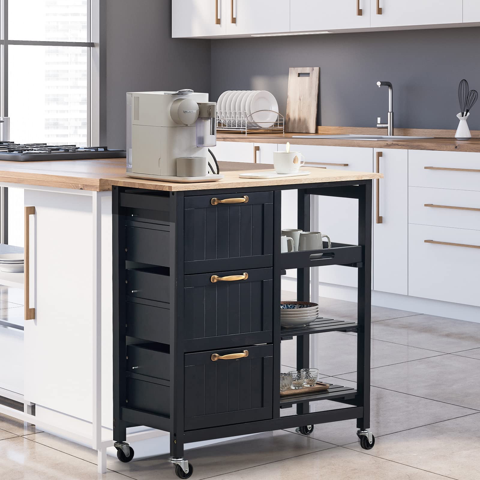 VINGLI Kitchen Island Cart with 3 Drawers, 2 Tier Holders & Removable Tray - Black Rolling Storage Cabinet with Solid Wood Top for Small Kitchen, Microwave Trolley, Home Serving Bar Cart | Perfect for Kitchen Organization, Entertaining & Space-Saving Storage