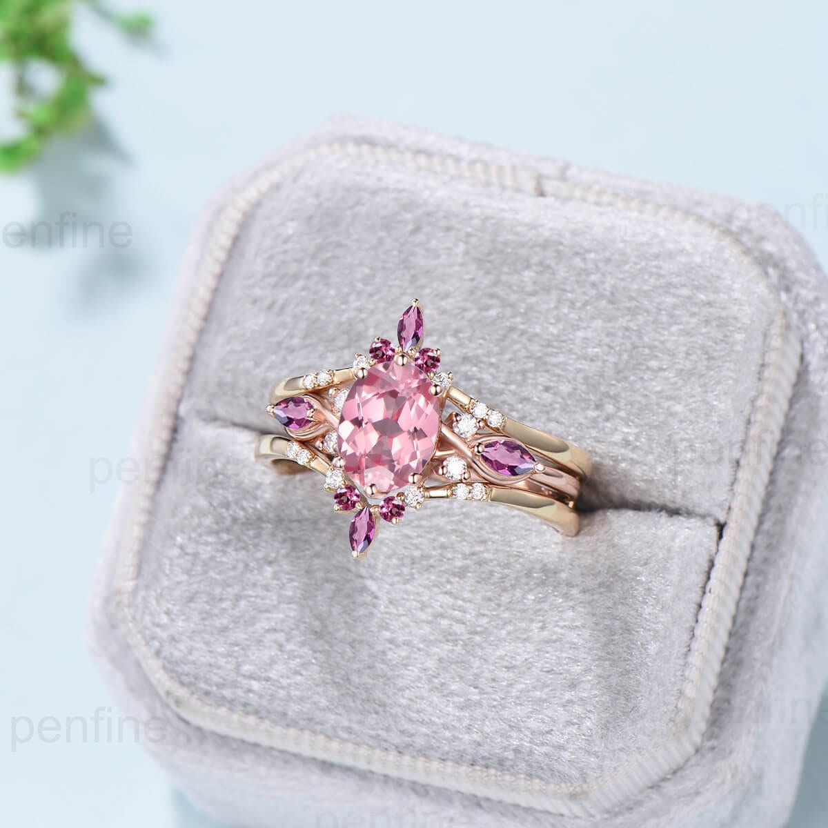 1.5CT Oval Papalacha Sapphire & Pink Tourmaline Vintage Engagement Ring Set - Double Curved Stacking Wedding Band Bridal Jewelry for Romantic Proposals & Anniversary Gifts