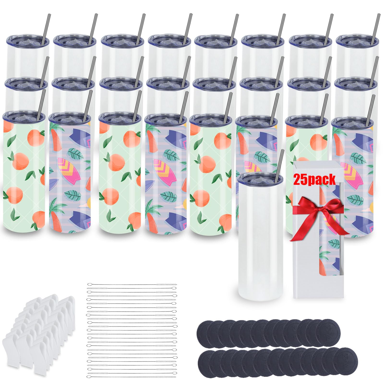 25-Pack 20OZ Skinny Straight Stainless Steel Sublimation Tumblers with Flat Edge - Bulk Sublimation Blank Cups in Individual Boxes for Custom Designs, DIY Crafts & Personalized Gifts