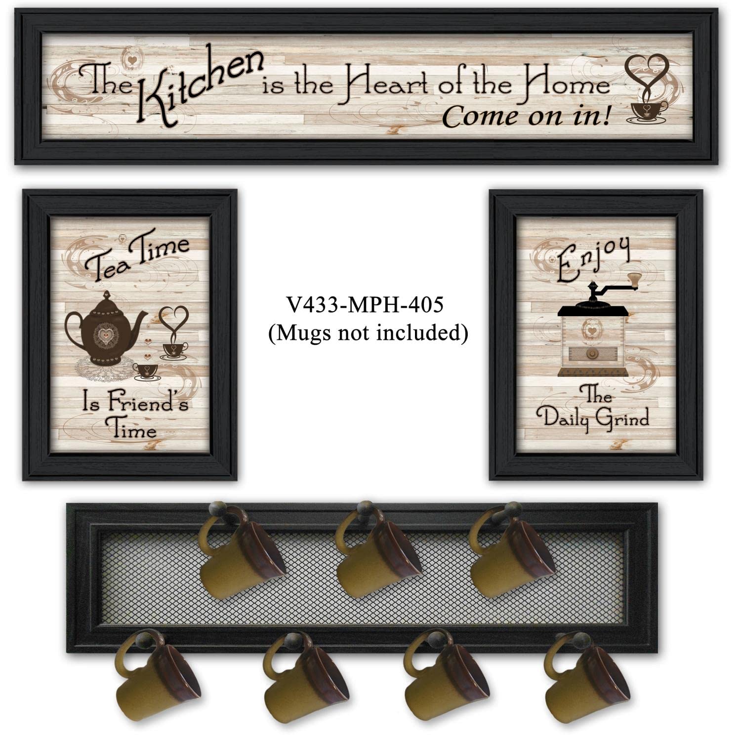 4-Piece Kitchen Collection IV Vignette Set with 7-Peg Mug Rack - Black Frame by Millwork Engineering | Perfect for Coffee Mug Storage & Kitchen Organization