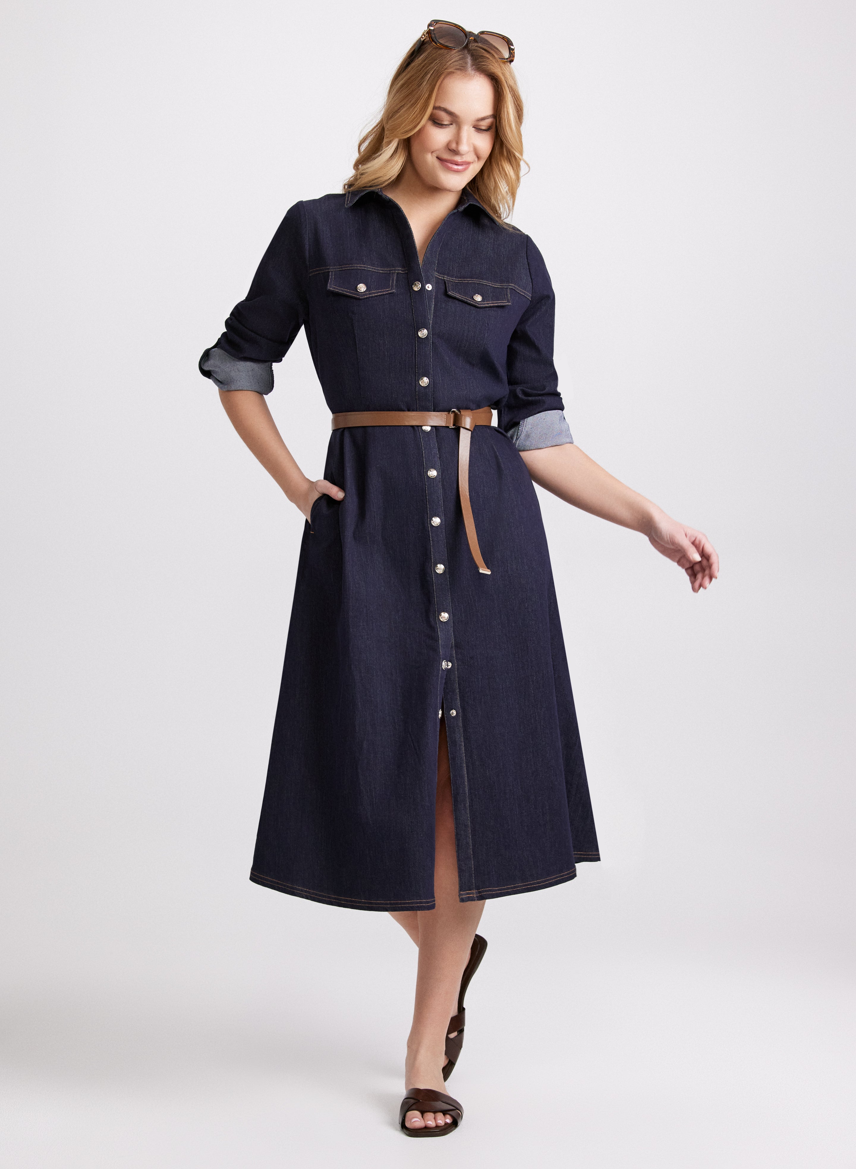 Stylish Belted Denim Button Down Midi Dress for Women | Casual & Office Wear | Perfect for Spring & Summer Outfits