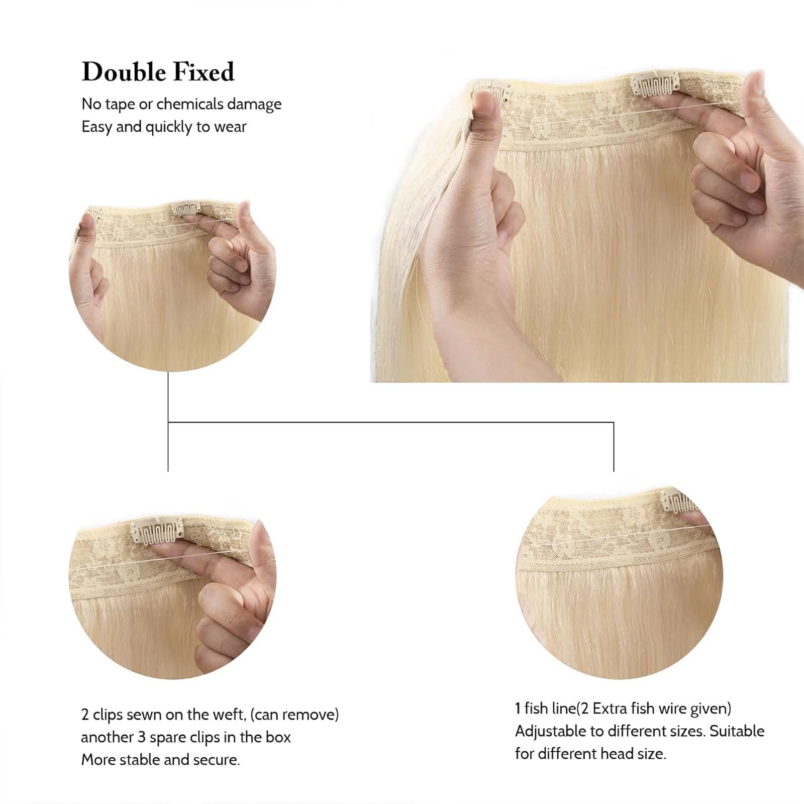 Tinashe 16Inch Bleach Blonde Straight Human Hair Extensions - 90g Invisible Wire Fish Line Clip-Ins | 100% Remy Human Hair for Women | Perfect for Parties, Weddings & Daily Styling