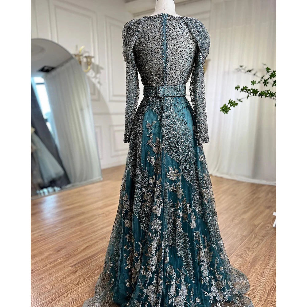 Luxury Dubai Blue Muslim Lace Beaded Evening Gowns for Women - Elegant A-Line Long Sleeve Wedding Party Dresses 2025 | Perfect for Formal Events, Bridal Showers & Special Occasions