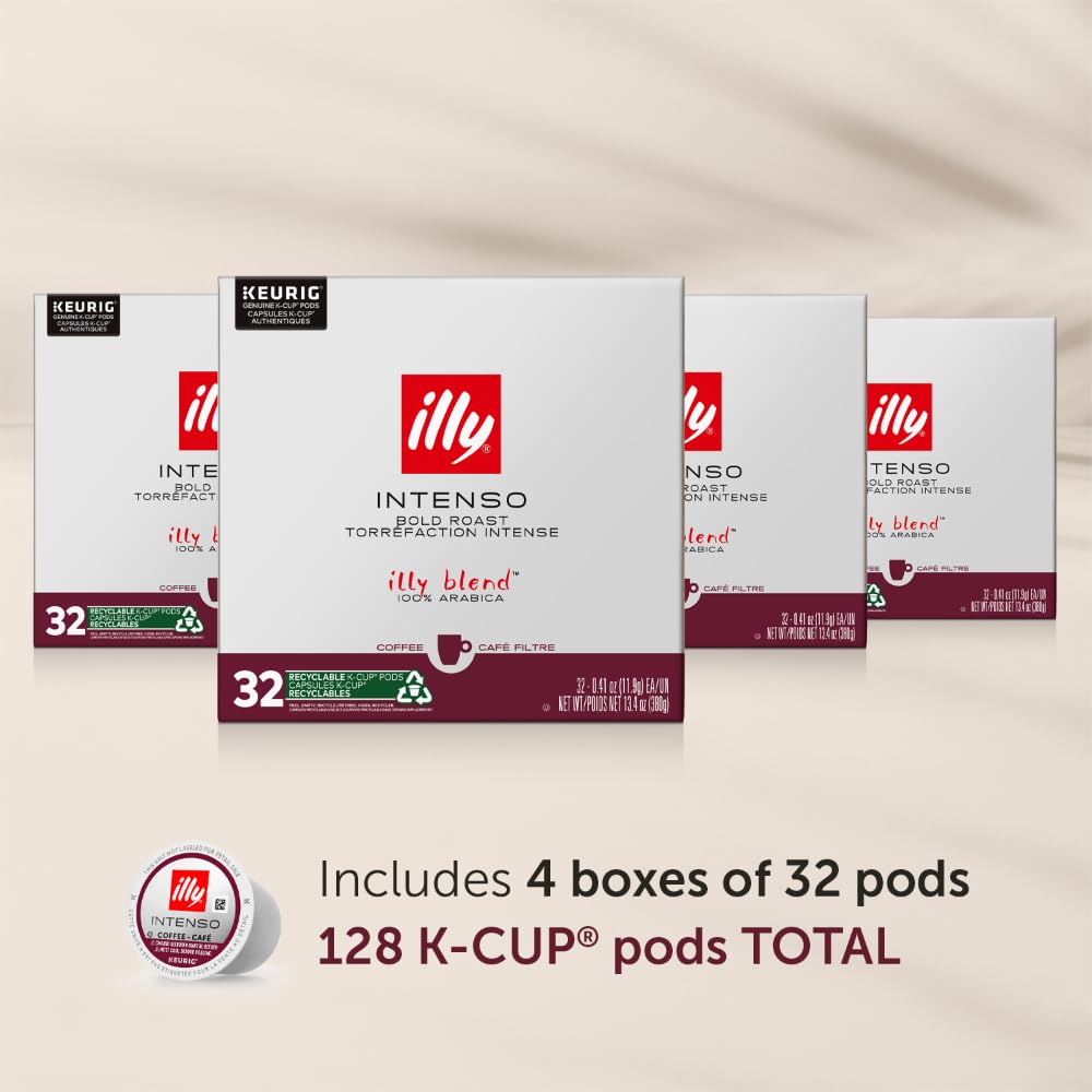 Illy Intenso Dark Roast Coffee K-Cups - 100% Arabica Coffee Pods for Keurig Machines | Rich, Robust Flavor | All-Natural, No Preservatives | 128 Count | Perfect for Home & Office Coffee Breaks