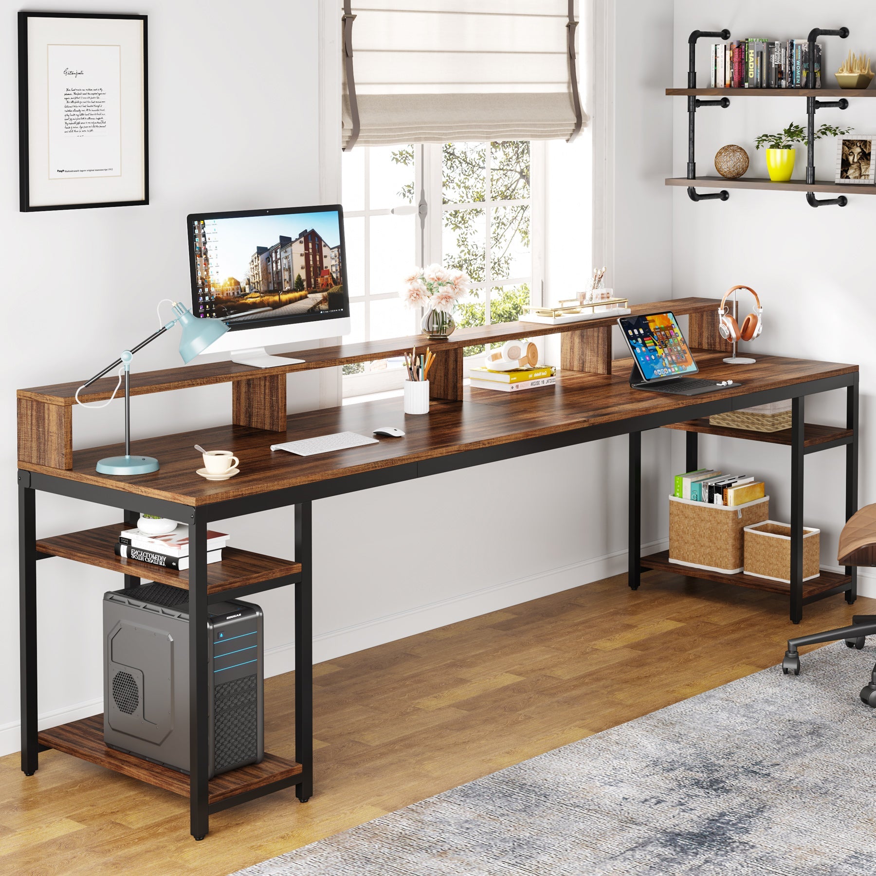 Two Person Desk - 78.7 Inch Large Computer Desk with Monitor Stand & 4 Open Shelves for Home Office, Gaming Setup, and Workspace Organization