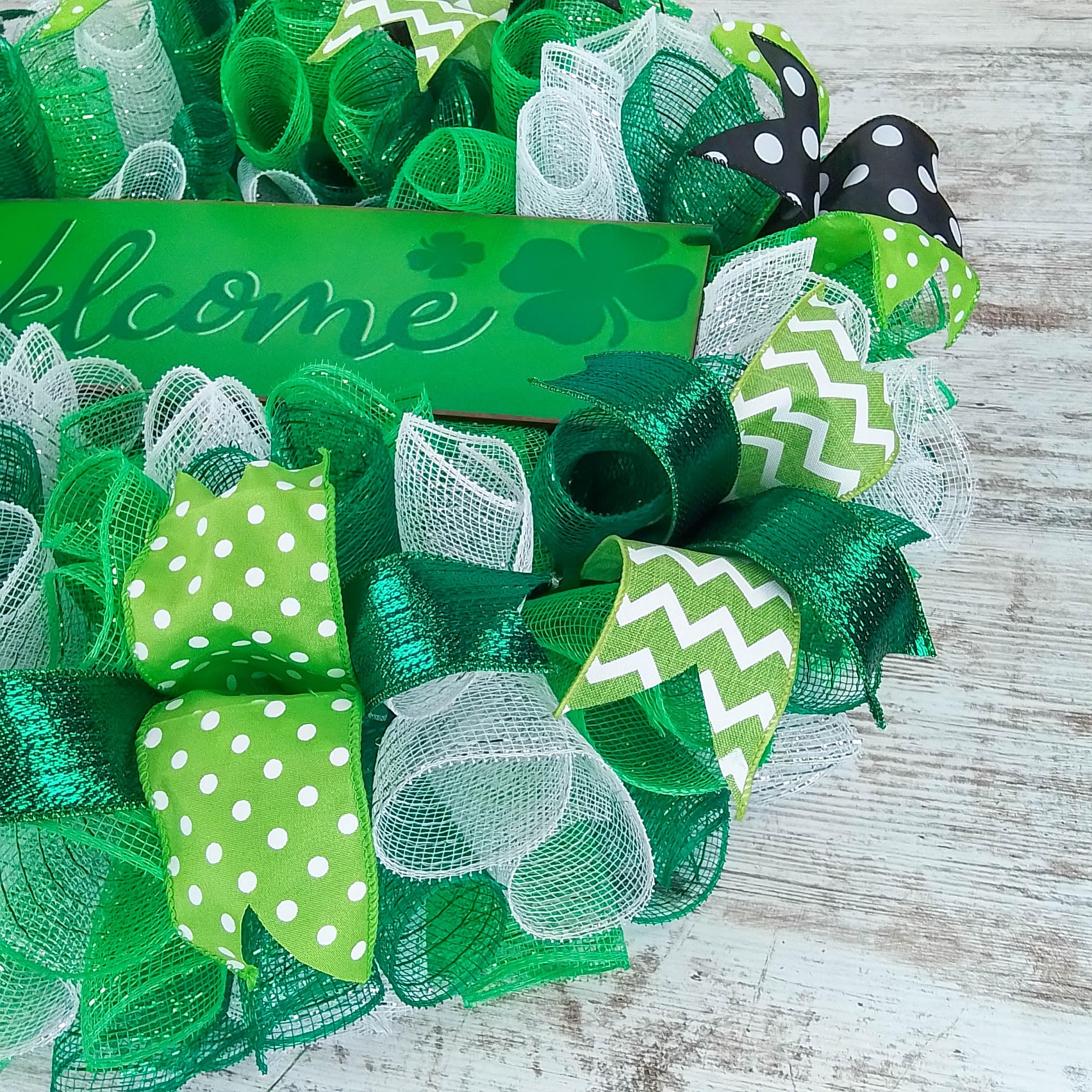 St. Patrick's Day Wreath - Green White Black Mesh Door Decor for Saint Patrick's - Perfect for Front Door, Home Entryway & Party Decorations