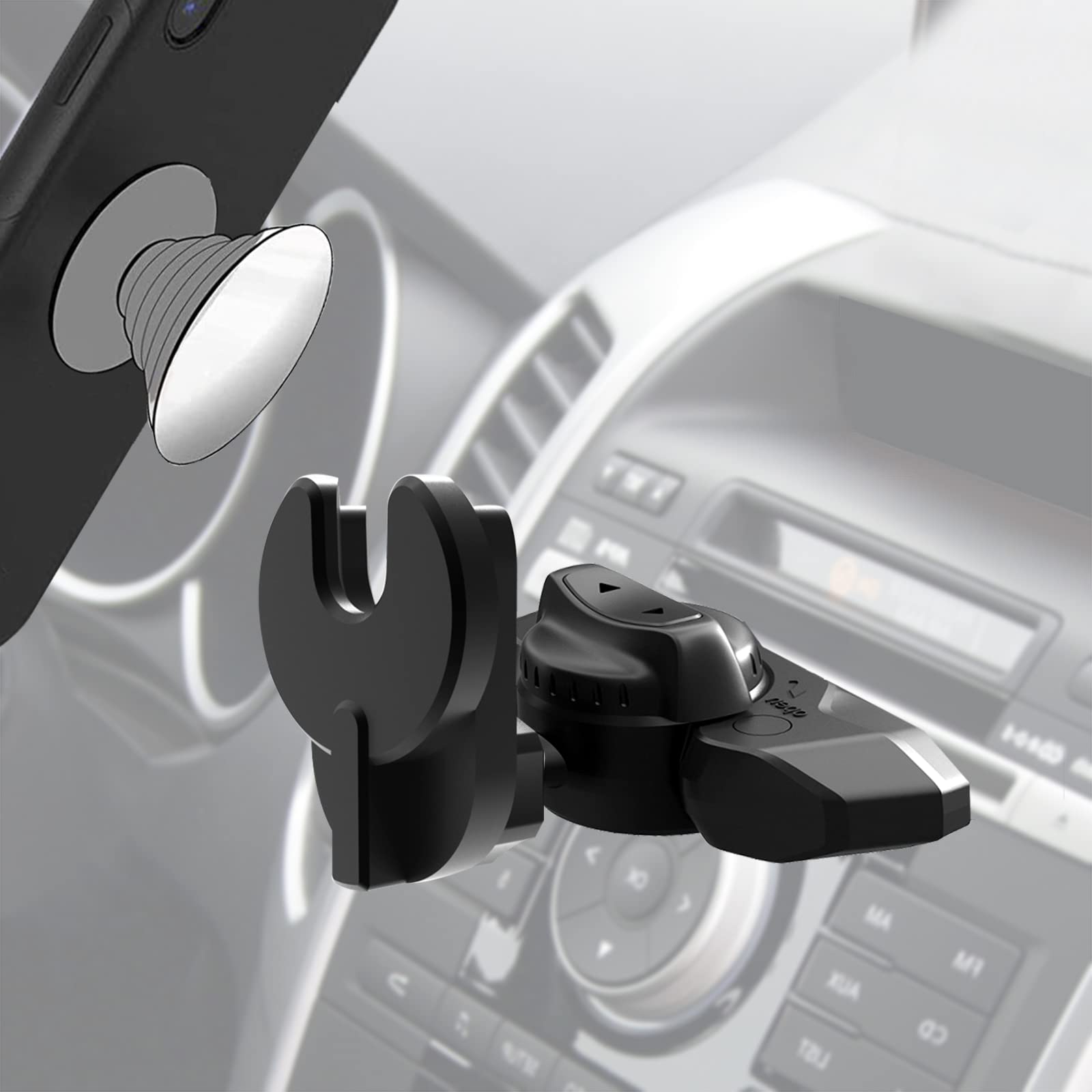 CD Slot Car Phone Holder with Grip/Socket Mount - Universal Car Mount Compatible with MagSafe Wallet, iPhone, Samsung & Card Holders | Perfect for Hands-Free Driving, GPS Navigation & Safe Phone Storage