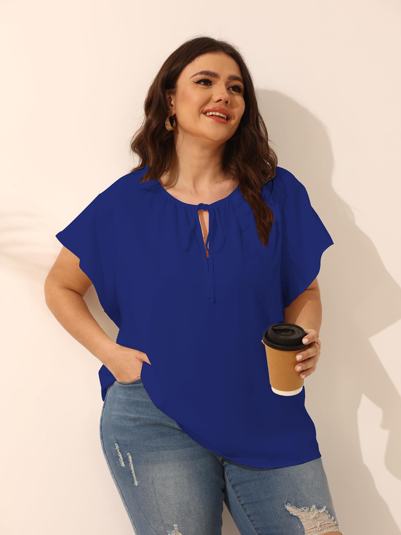 Plus Size V Neck Short Sleeve Blouses for Women - Loose Flowy Summer Tops with Drawstring - Casual Comfort Shirts for Work, Vacation & Everyday Wear