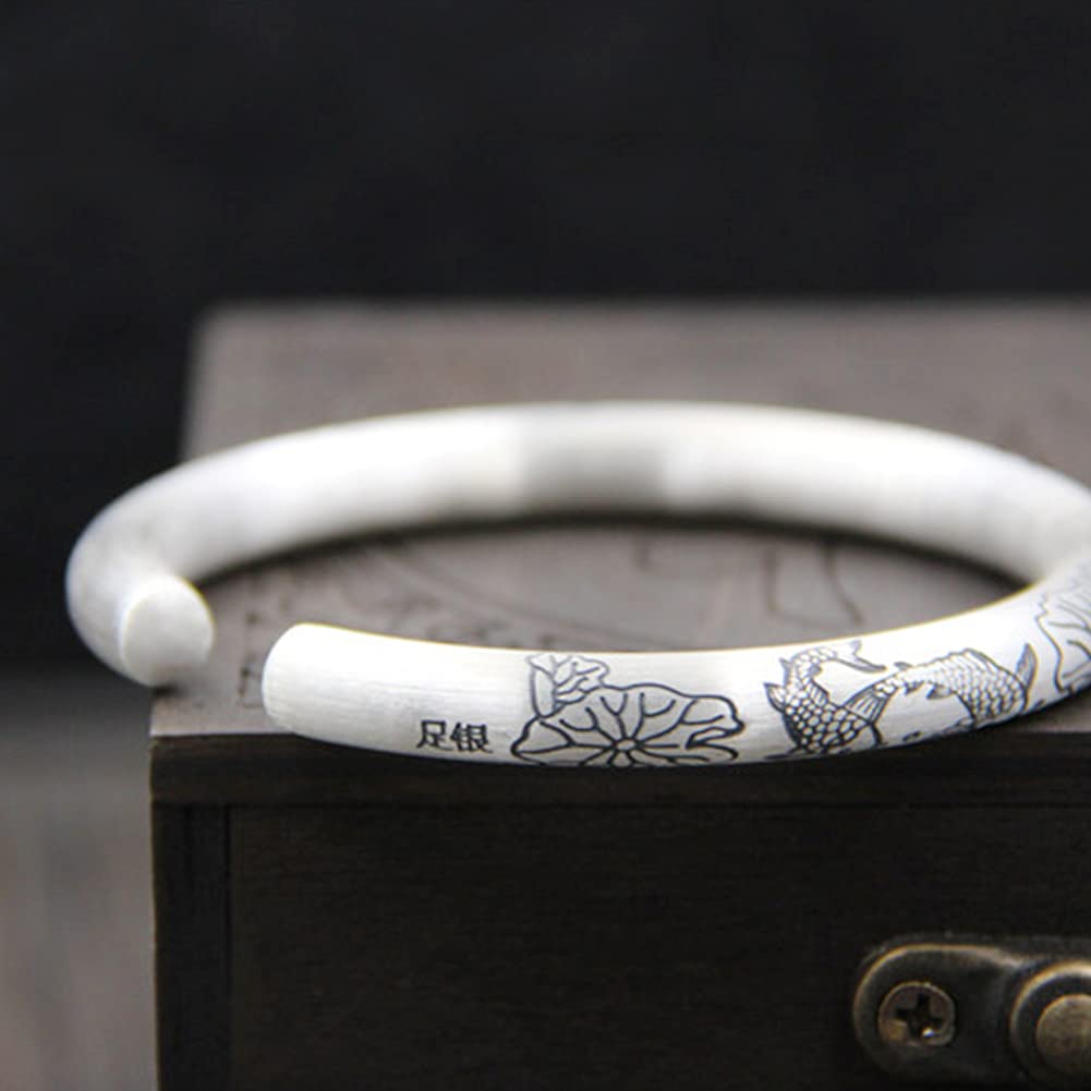 Vintage Adjustable 999 Sterling Silver Cuff Bangle Bracelet - Fish & Lotus Ethnic Design, 25G Heavy Handmade Jewelry for Men & Women | Perfect for Boho Fashion, Gift Giving & Special Occasions