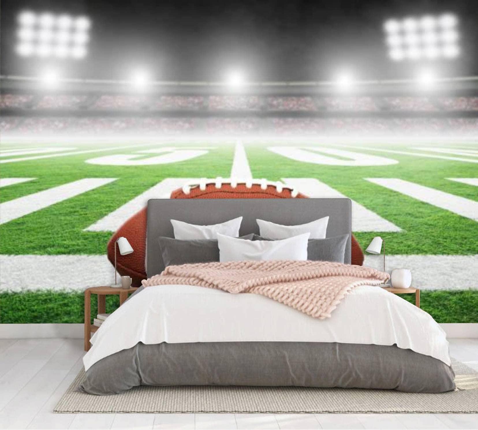 Self-Adhesive American Football Field Wallpaper with Stadium Lights - Removable 3D Peel and Stick Wall Mural for Bedroom & Living Room Decor | Perfect for Sports Fans, Game Rooms & Man Caves