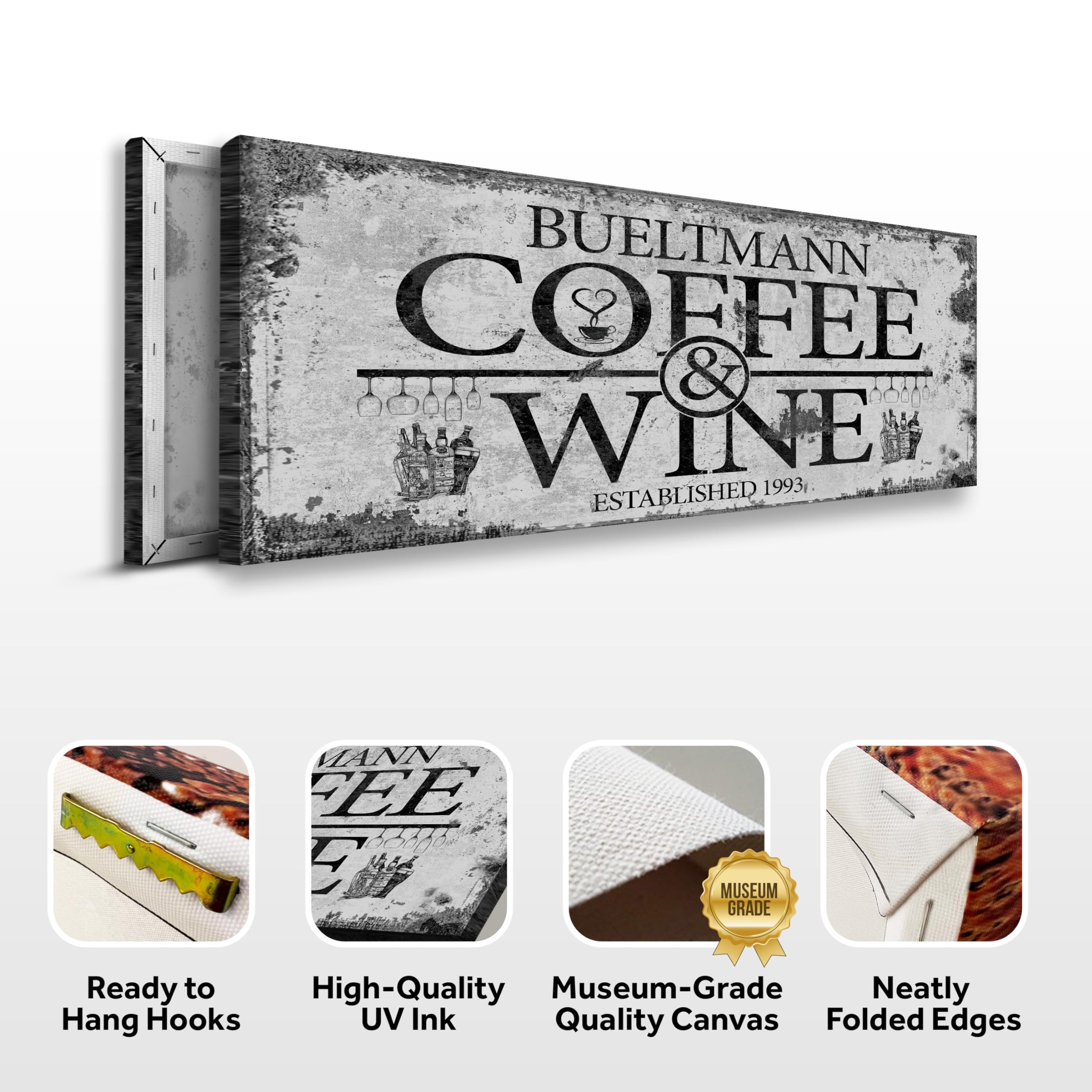 Custom Coffee Bar Sign - Personalized Grey Rustic Coffee & Wine Wall Art (48x16in) | Small & Large Canvas Decor for Home, Kitchen, Coffee Station, Office & Business | Perfect for Farmhouse, Cafe & Bar Decor