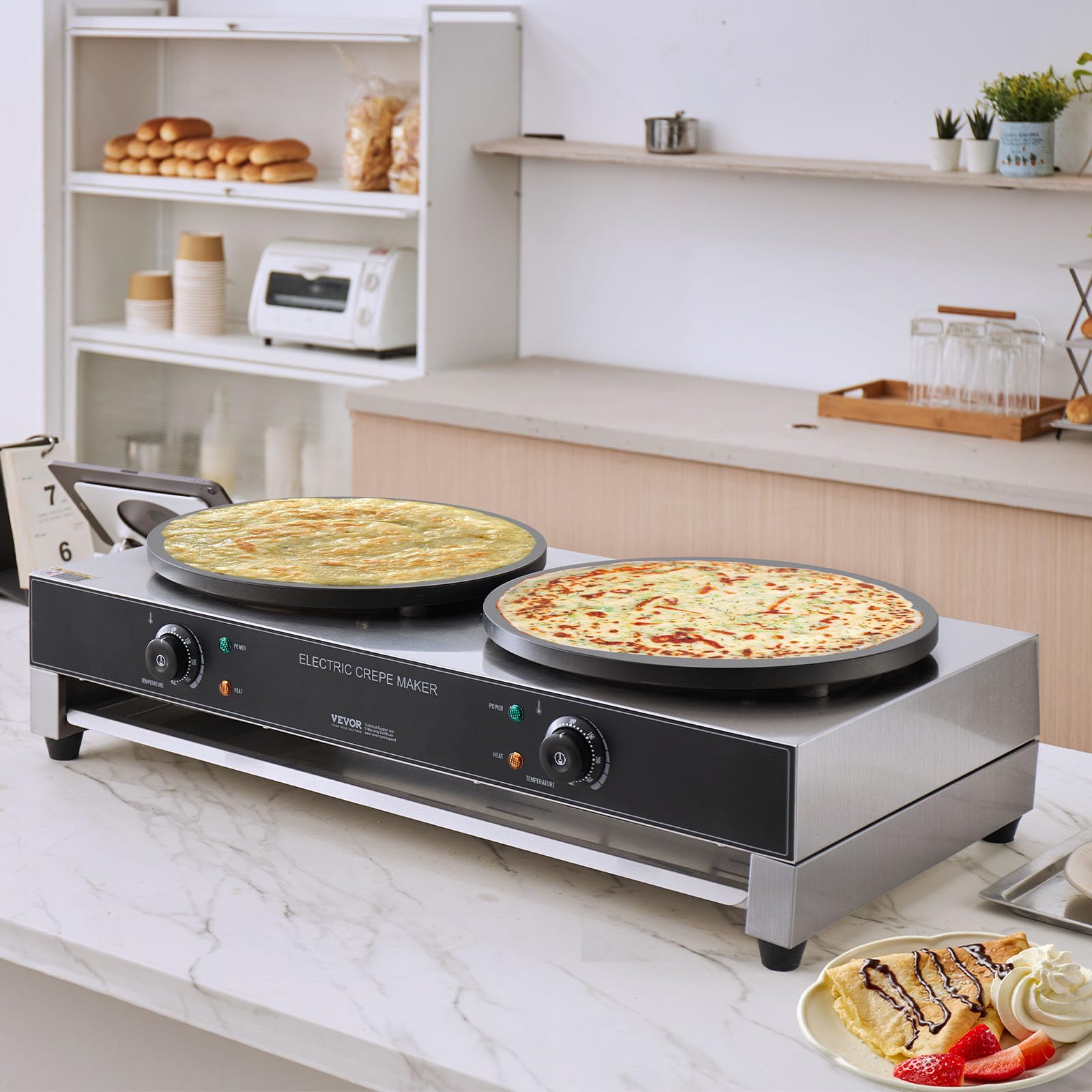 VEVOR 16-Inch Commercial Electric Crepe Maker - 3400W Double Head Nonstick Griddle with Temperature Control | Stainless Steel Pancake Machine for Breakfast, Desserts & Catering Business