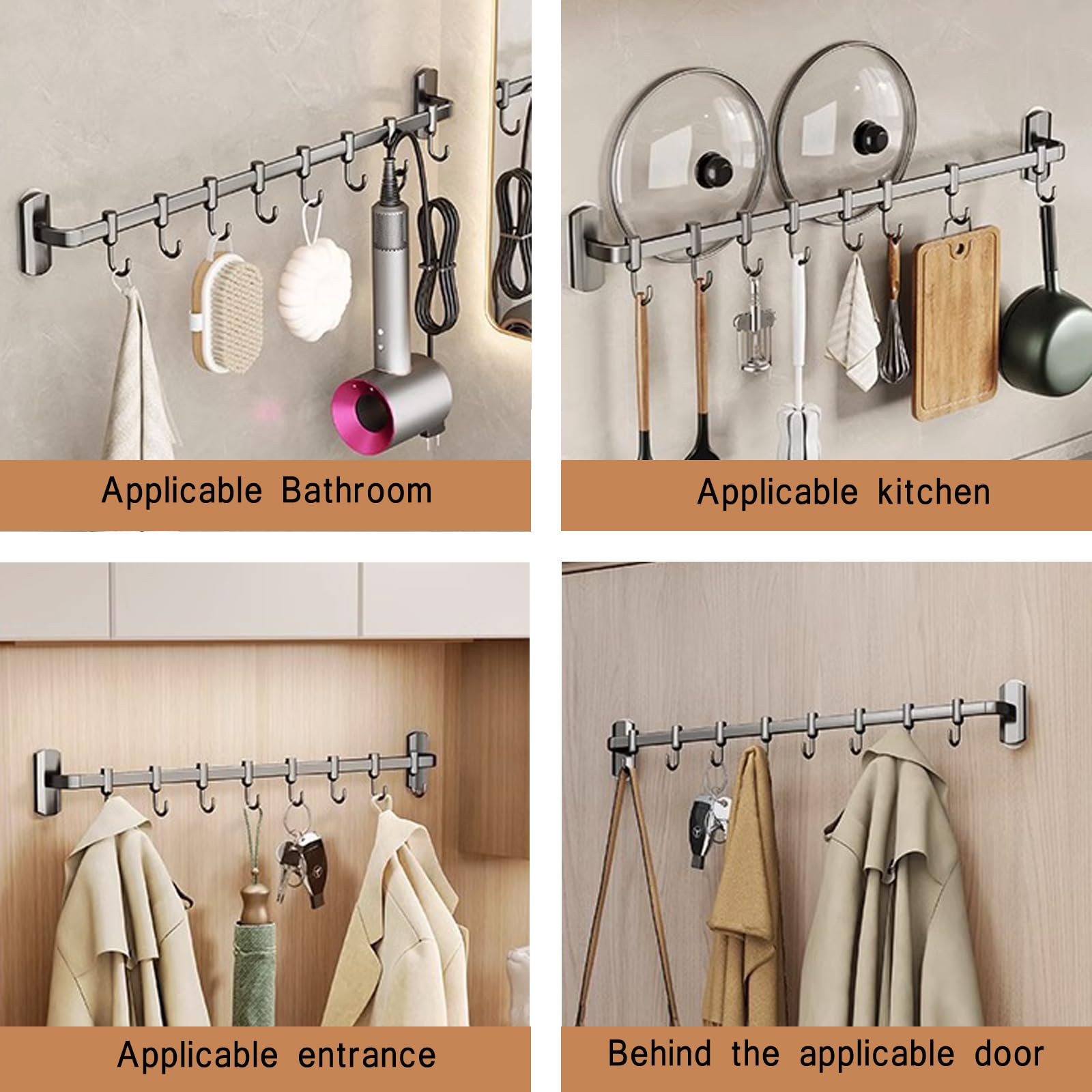 8 Adjustable Aluminum Kitchen Hooks Rail - Modern Minimalist Wall Mount Utensil Organizer (45cm, Grey) - Perfect for Small Kitchens, Pantries & Bathroom Storage