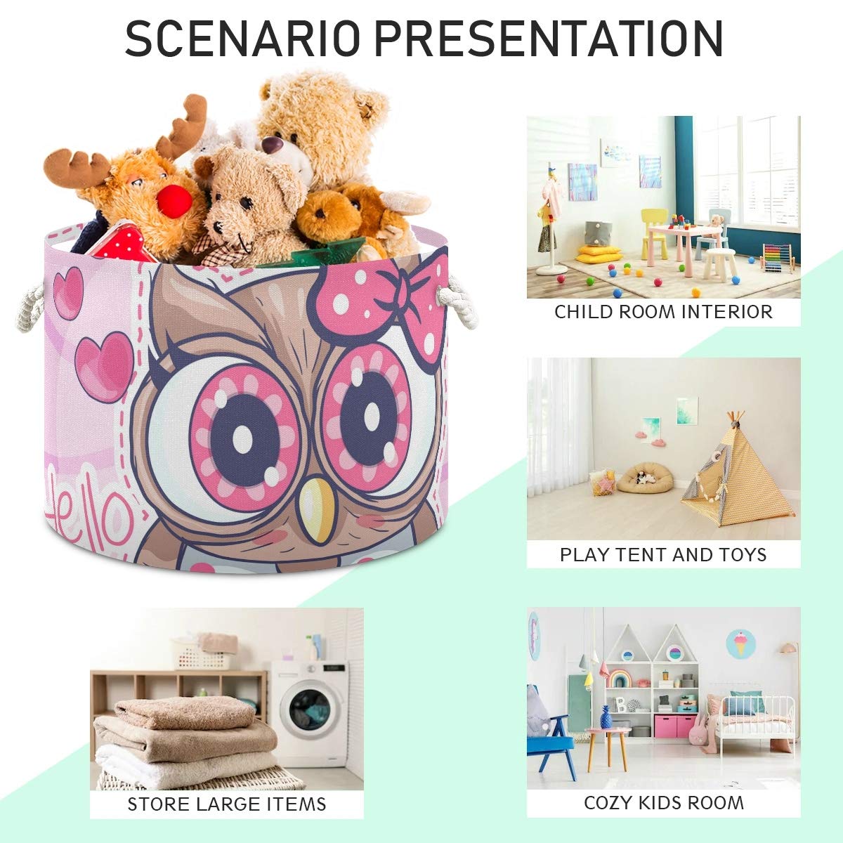 Collapsible Round Storage Basket - Fabric Toy Organizer & Laundry Hamper with Drawstrings for Kids | Cute Pink Cartoon Owl Design | Perfect for Nursery, Playroom, and Bedroom Organization