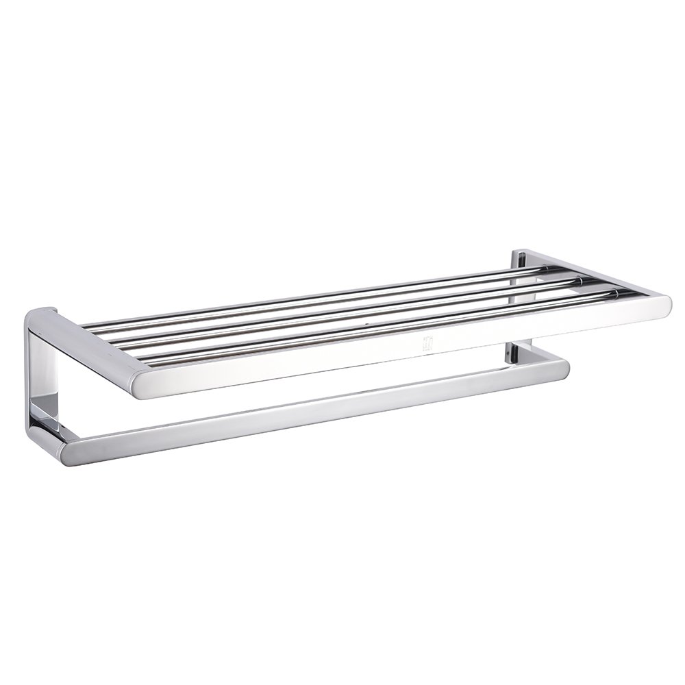 2-Tier Wall Mounted Double Towel Rack with Shelf - Multifunctional Shower Towel Holder in Brass/Chrome for Bathroom & Hotel Use - Perfect for Hanging Towels, Robes & Organizing Toiletries