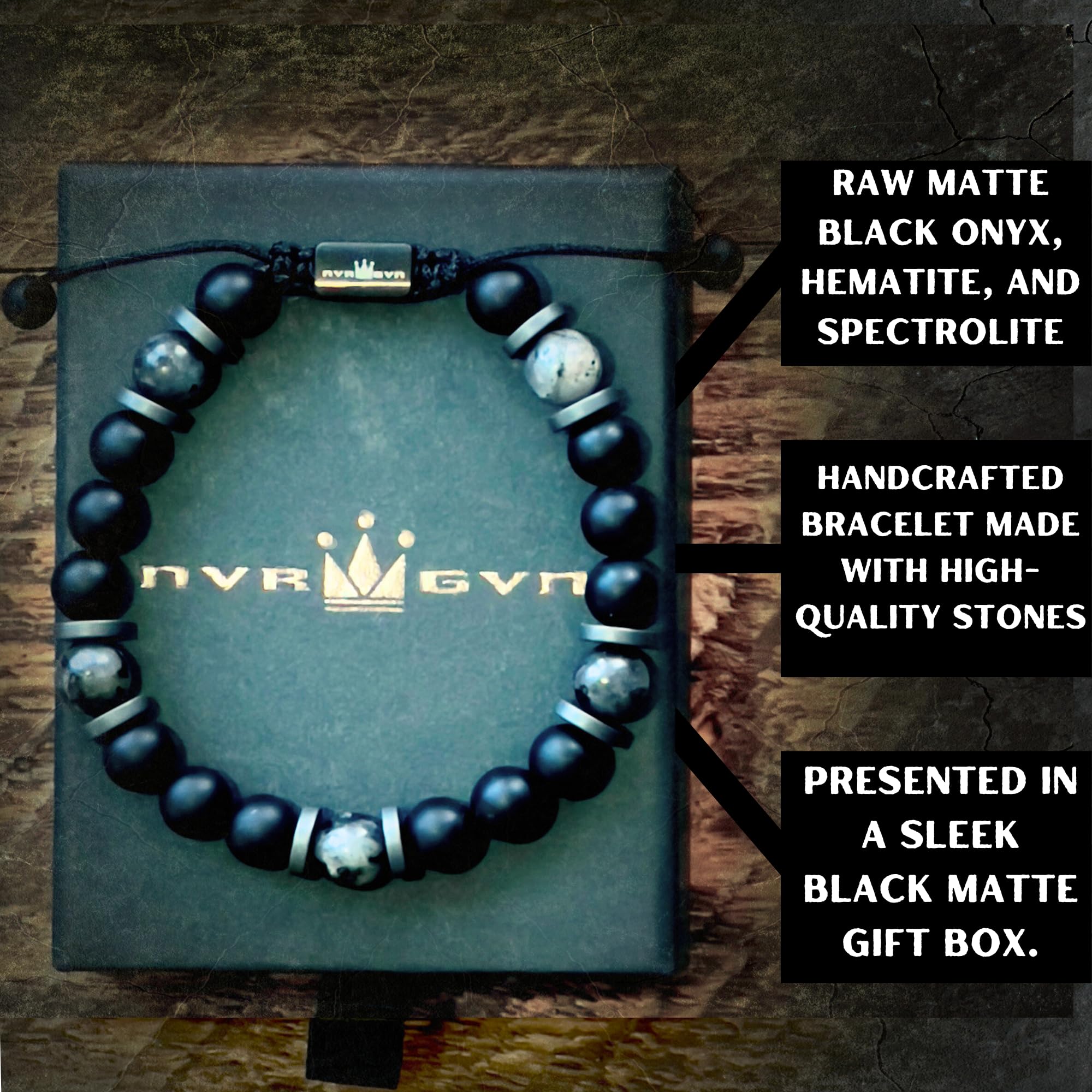 Mens Beaded Bracelet - Black Onyx, Hematite & Spectrolite Adjustable Bracelet for Men, Stylish Mens Jewelry, Perfect Birthday Gift for Men, Ideal for Casual Wear, Office, and Outdoor Adventures - The Deep Below Collection