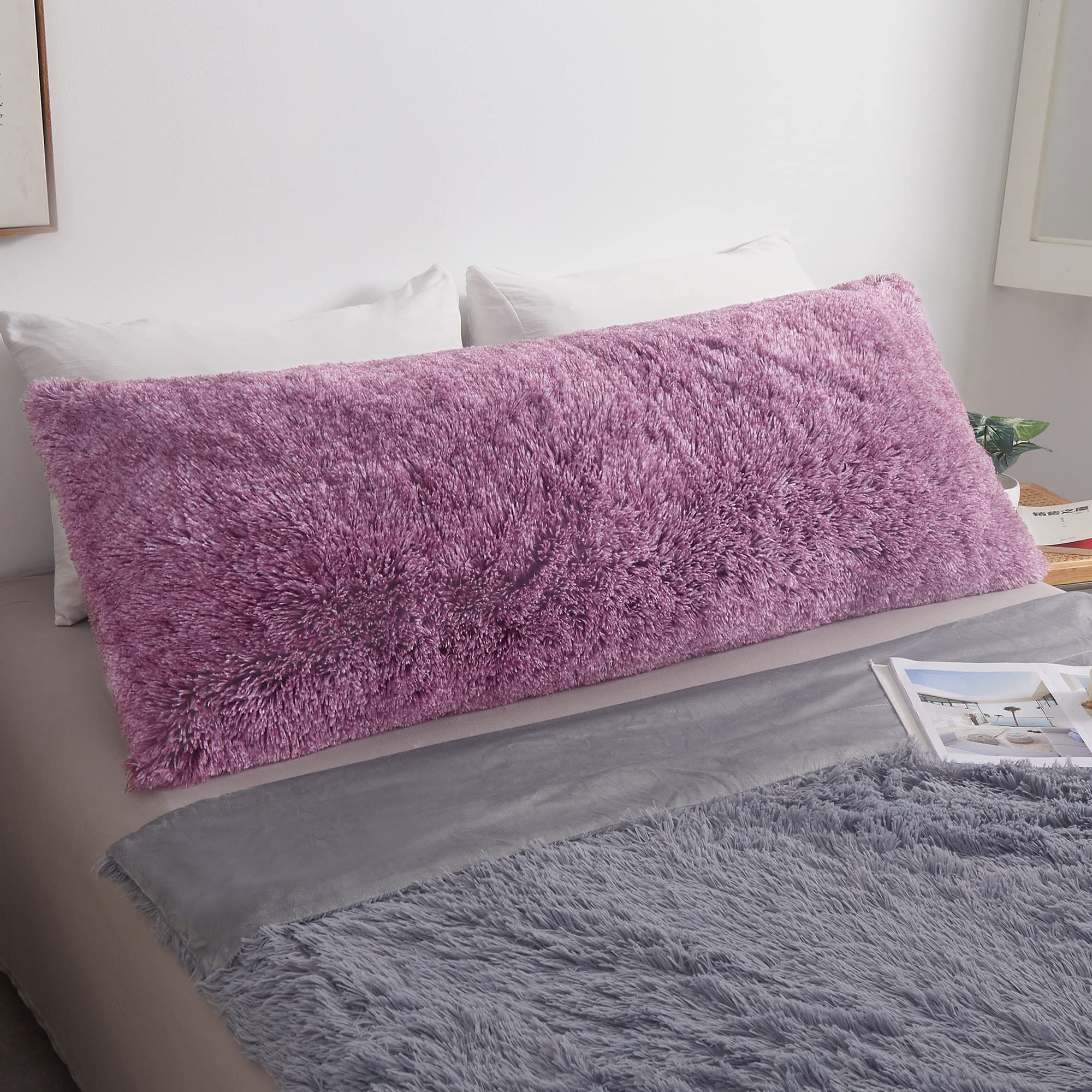 MEGO Shaggy Plush Body Pillow Cover - Faux Fur Fluffy Pillowcase 21x54 Inches - Boho Fuzzy Full Body Pillow Sham for Bed, Sofa & Home Decor - Ombre Burgundy - Perfect for Cozy Nights, Reading Nook & Lounge Areas