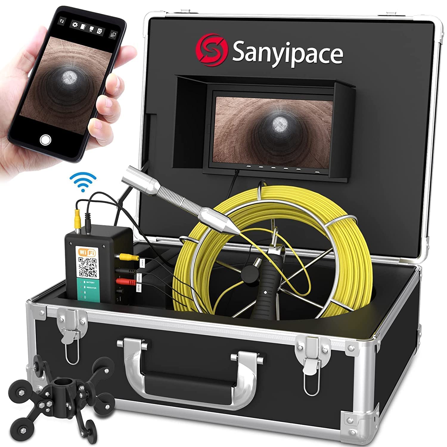 Sanyipace 165FT/50M WiFi Sewer Inspection Camera with Wireless Transmission, IP68 Waterproof Drain Camera with LED Lights & 7