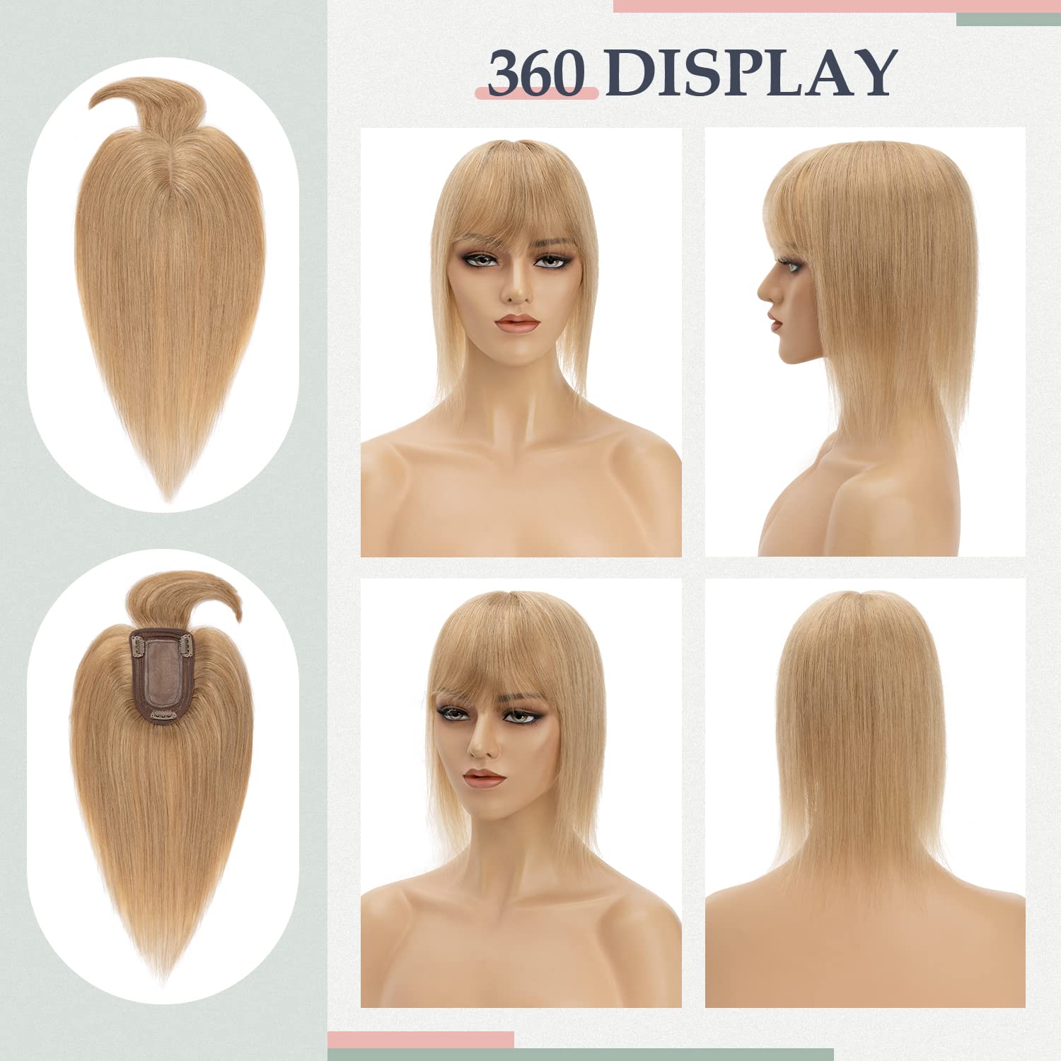 Premium 14 Inch Human Hair Topper for Women - 150% Density Silk Base Blonde Clip-in Hair Piece (27#) for Thinning Hair with Bangs | Natural Looking Hair Extensions for Daily Wear, Special Occasions & Confidence Boost