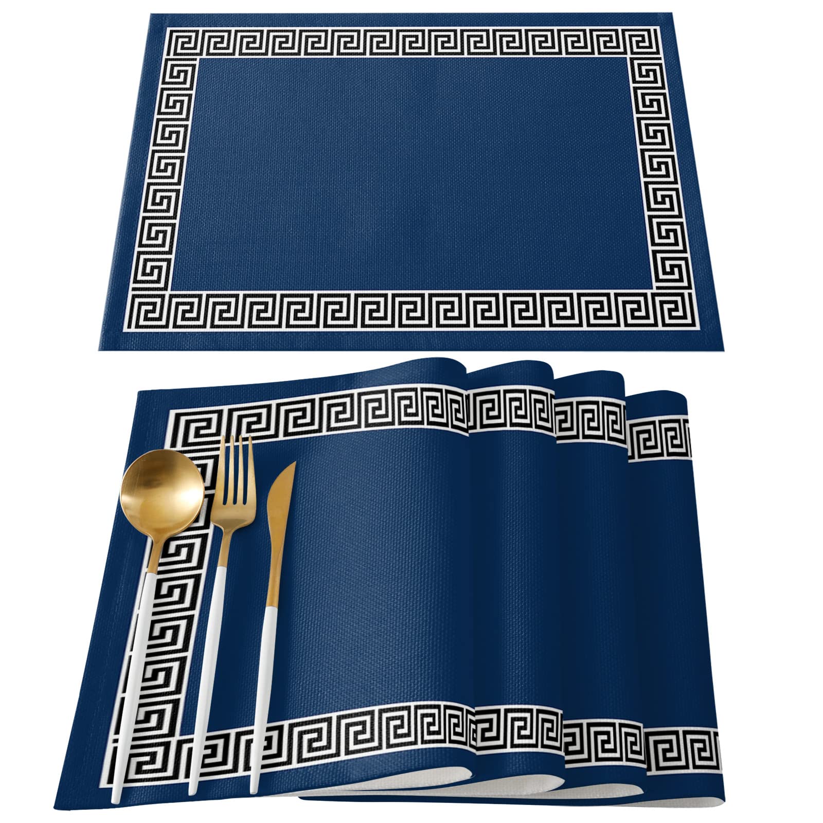 Geometric Greek Key Design Placemats Set of 4 - Navy Blue Washable Table Mats for Dining Room, Kitchen Decor, and Dinner Table Settings