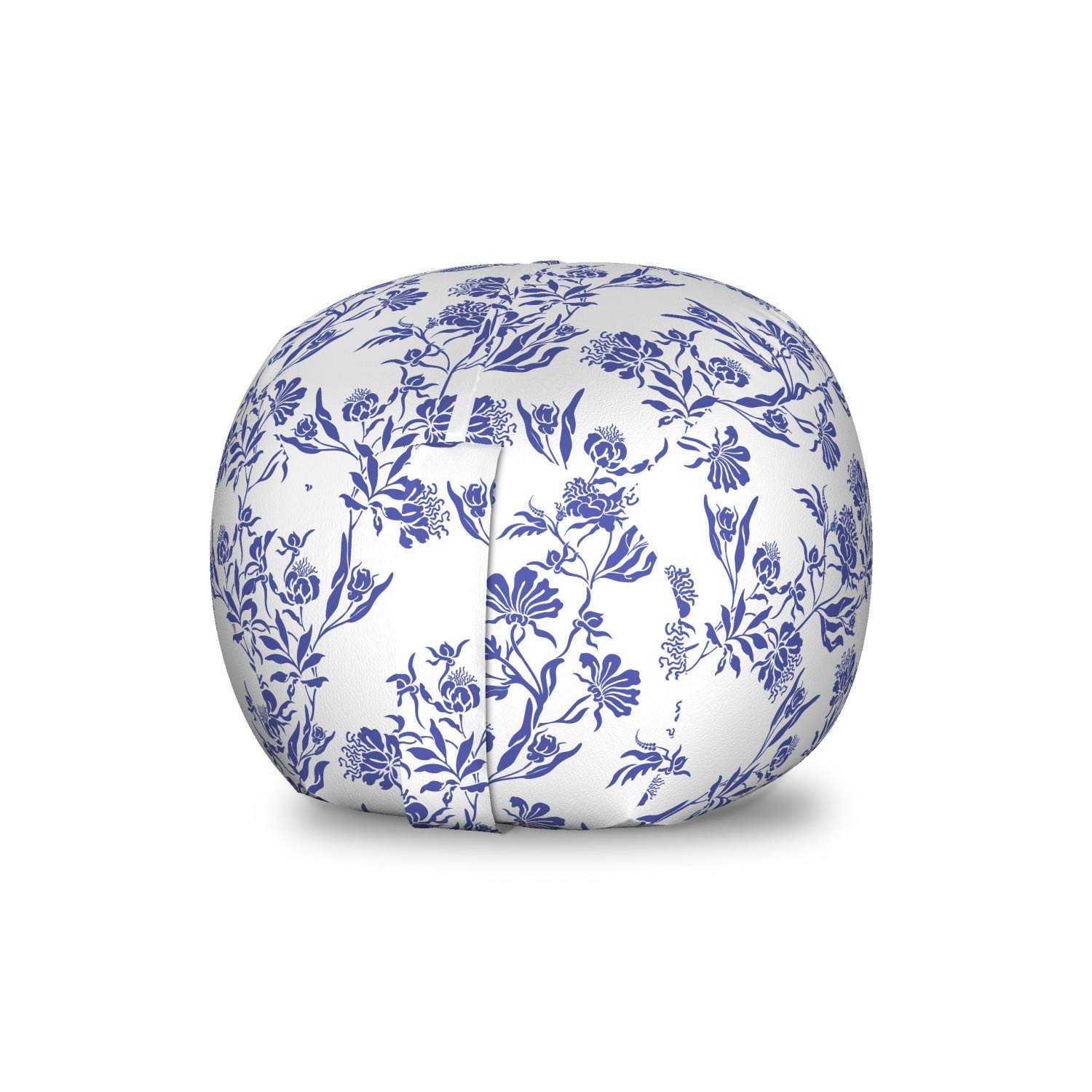 Vintage Storage Toy Bag Chair with Twig Posy Flowers Monochromatic Silhouette Damask Design - Washable Stuffed Animal Organizer for Kids Room (Small Size, Violet Blue & White) - Perfect for Nursery, Playroom & Bedroom Organization