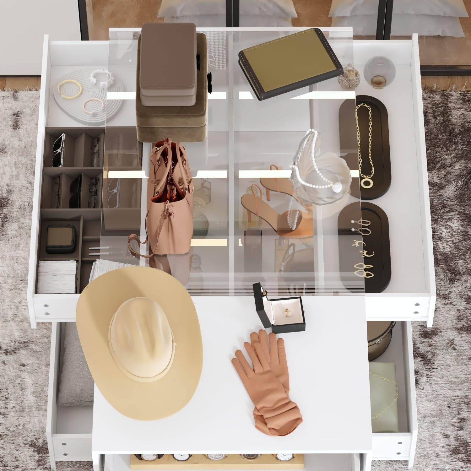 White Modern Bedroom Wardrobe Island with 8 Drawers & Glass Tabletop - 47.2