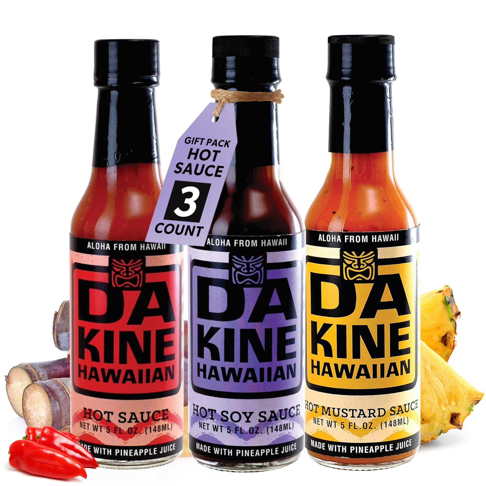 Da Kine Hawaiian Hot Sauce Sampler Set of 3 - Hot Soy, Mustard & Classic Flavors - Pineapple Juice Infused for Meat Tenderizing - Perfect for Marinades, Dipping & BBQ, Grilling, Hawaiian Dishes
