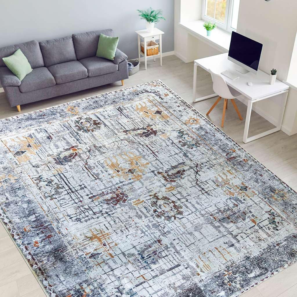 Softwoven Cotton Area Rug 9x12 - Machine Washable, Non-Slip & Pet Friendly - Vintage Floral Design for Living Room & Hallway - Grey Multi Flower Pattern - Perfect for Home Decor & High Traffic Areas