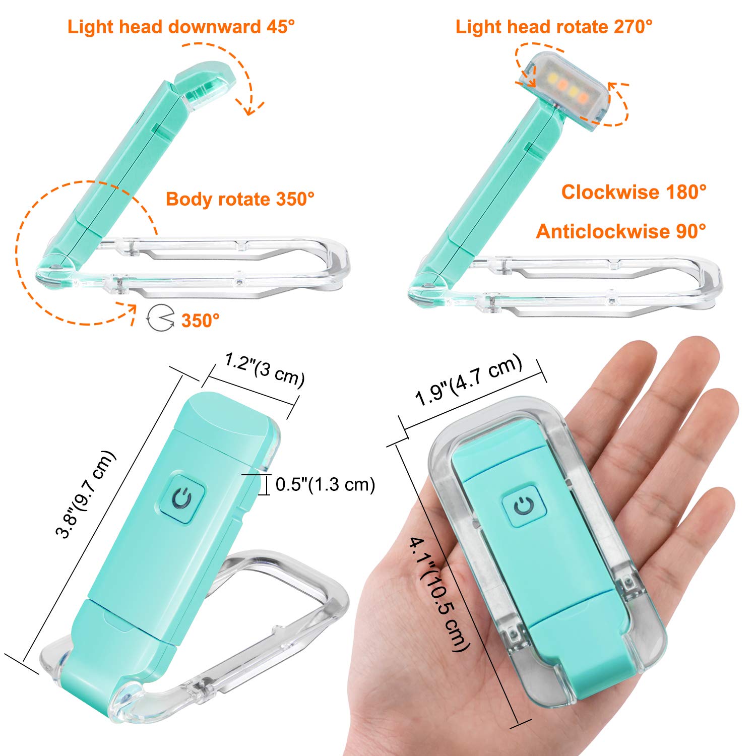 BIGLIGHT Amber LED Clip On Book Light - USB Rechargeable Reading Light with 2 Brightness Levels for Eye Protection - Perfect for Bedtime Reading, Kids Books, and Nighttime Study - Mint Green