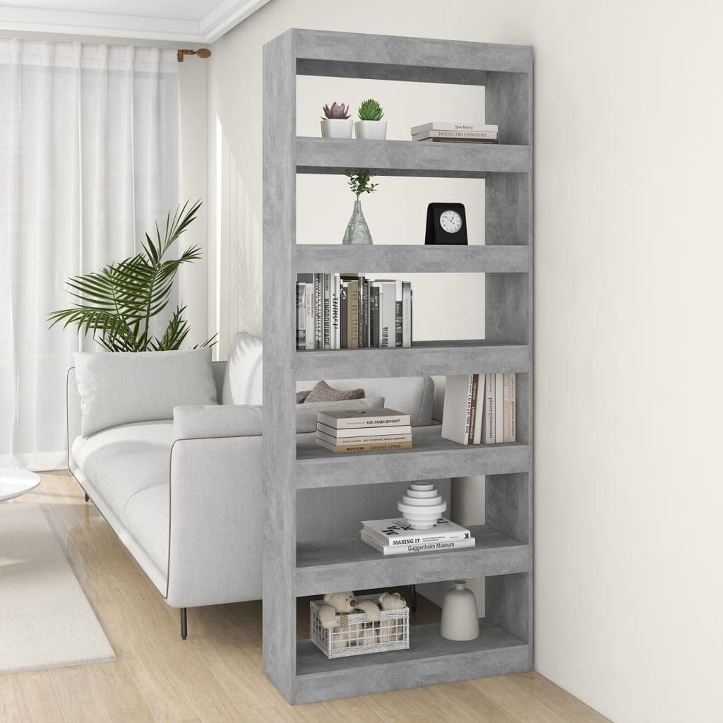 Concrete Gray Bookcase Room Divider 31.5x11.8x78 Inches - Sturdy Chipboard Shelf for Home Office, Living Room & Bedroom Storage Organization