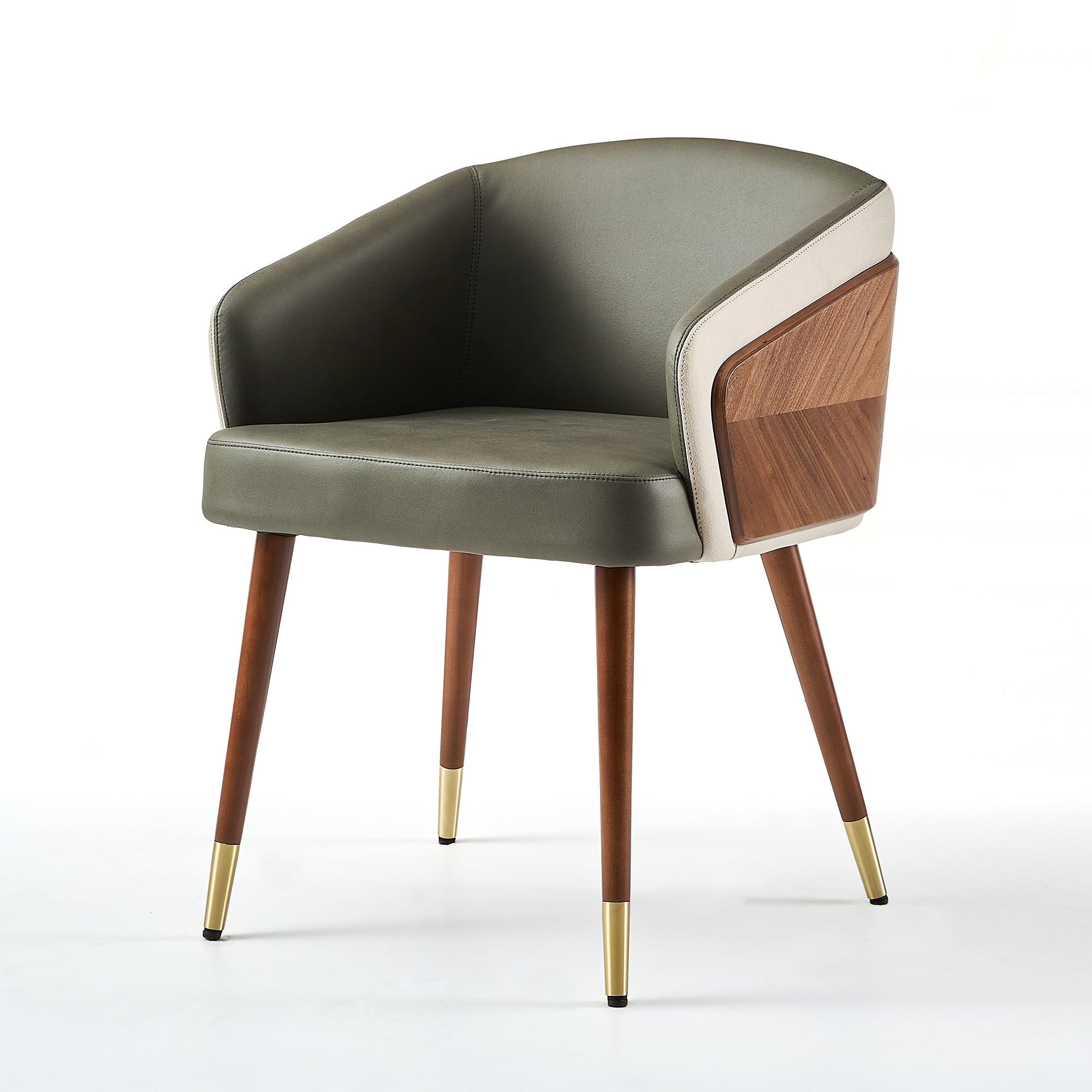 ARTPLAN Mid Century Modern Dining Chair - Faux Leather & Walnut Upholstery, Retro Accent Armchair with Metal Legs - Adjustable & Easy Assembly - Perfect for Kitchen, Dining Room & Home Office (Army Green)