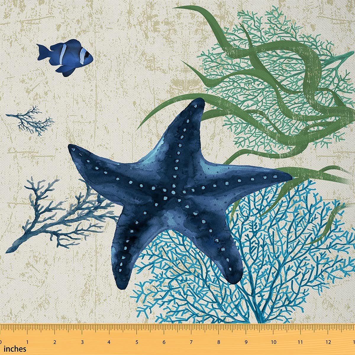 Starfish Beach Fabric by The Yard - 1 Yard Waterproof Outdoor Upholstery Fabric in Coral Teal Blue for Kids Coastal Decor, Chairs & Marine-Themed Furniture | Perfect for Beach House, Patio & Outdoor Furniture Projects