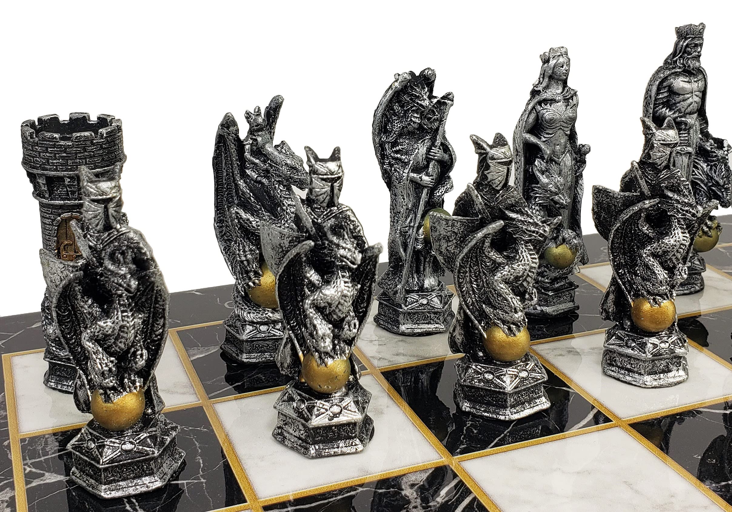 Medieval King Arthur Dragon Chess Set - 17 Inch Black Faux Marble Board | Collectible Fantasy Chess Game for Home Decor, Gift & Game Night