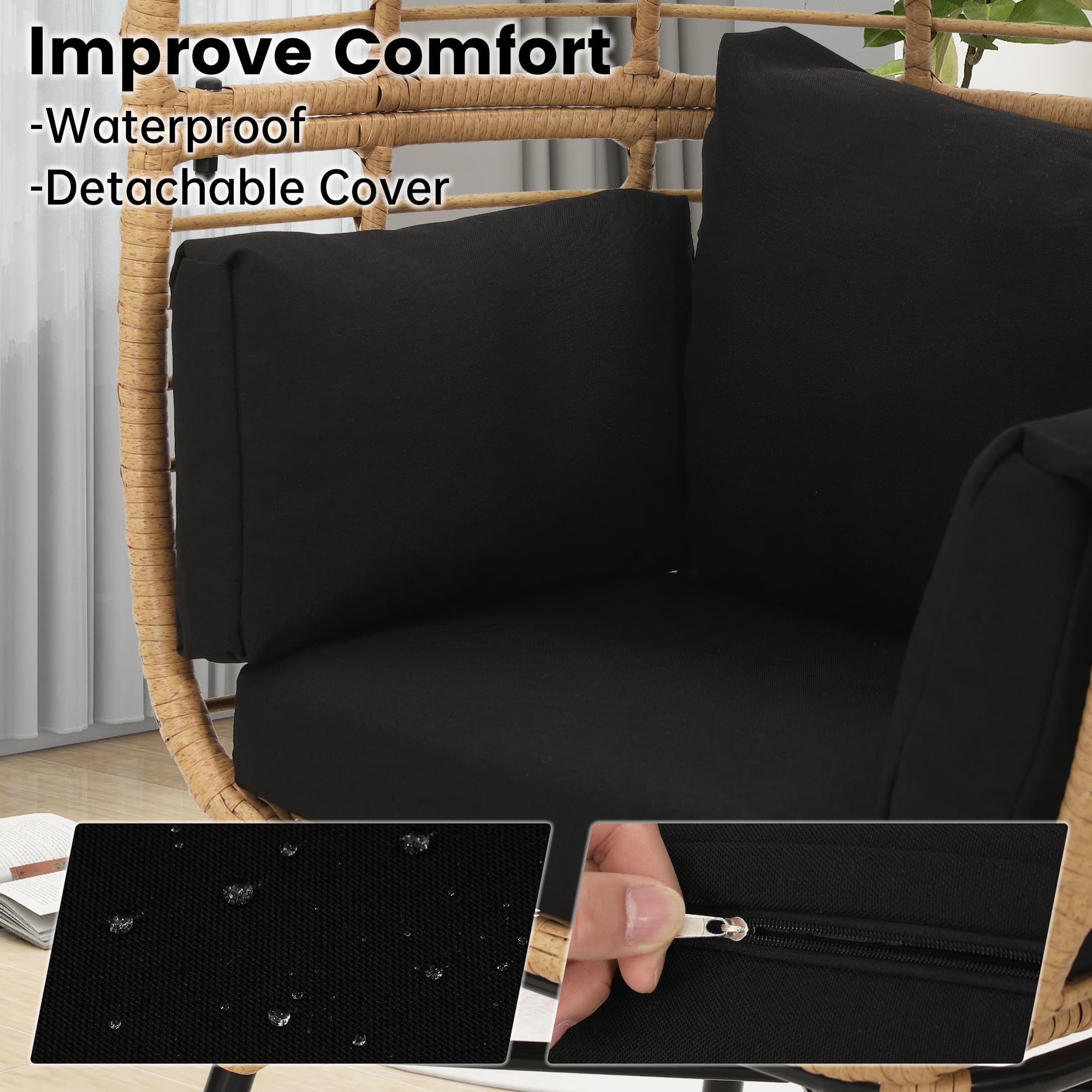 Kids Rattan Egg Chair - Indoor/Outdoor Wicker Hanging Chair with Overstuffed Black Cushion for Patio, Bedroom & Living Room | Perfect for Reading Nooks, Playrooms & Backyard Relaxation