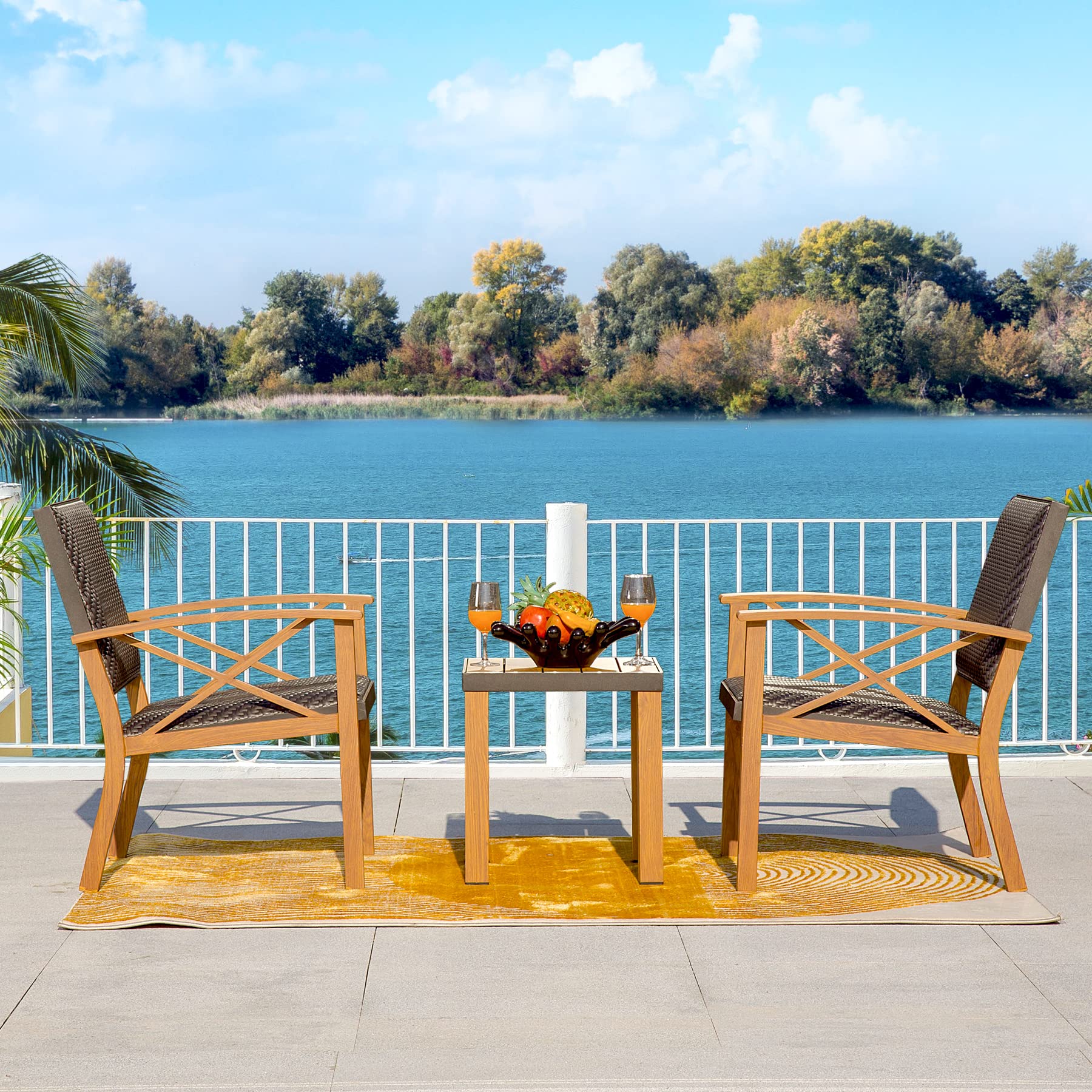 Domi 3-Piece Patio Bistro Set - Wood Grain Aluminum Wicker Outdoor Furniture with Padded Chairs & Coffee Table, Beige Waterproof Cushions - Perfect for Porch, Garden, Balcony & Backyard Relaxation