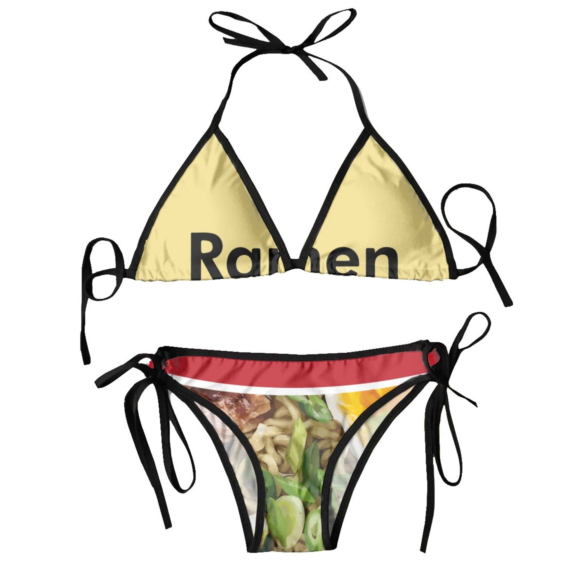 Women's Ramen Noodle Print Bikini Set - Beef Flavor Themed Halter Triangle Tie Side Two Piece Swimsuits | Beach Vacation, Pool Party, Summer Fashion