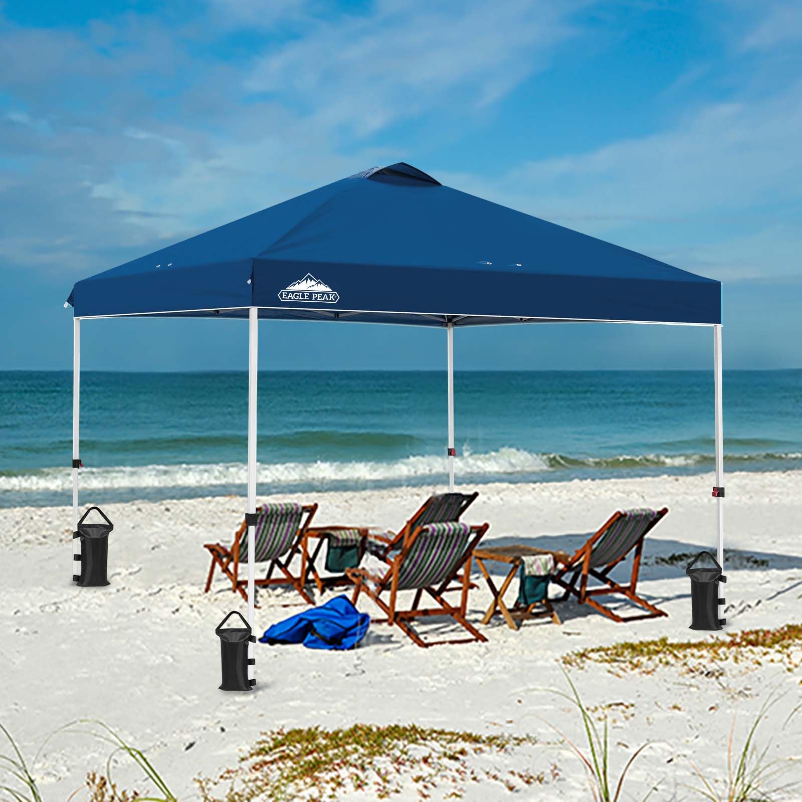 EAGLE PEAK 10x10 ft Pop Up Canopy Tent with Wheeled Carry Bag - Includes 8 Stakes, 4 Ropes & 4 Weight Bags - Easy Setup Instant Shade Shelter for Outdoor Events, Beach, Camping & Backyard (100 sq ft, Dark Blue)