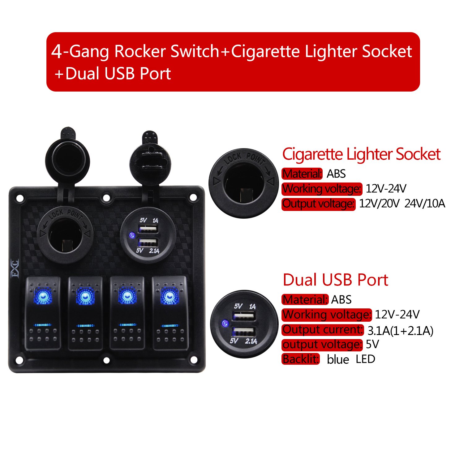 Waterproof Marine Boat Rocker Switch Panel 4 Gang with Dual USB Ports & 12V Cigarette Lighter - Blue LED Light for Car, RV, Truck, Boat - Perfect for Off-Roading, Camping & Marine Applications