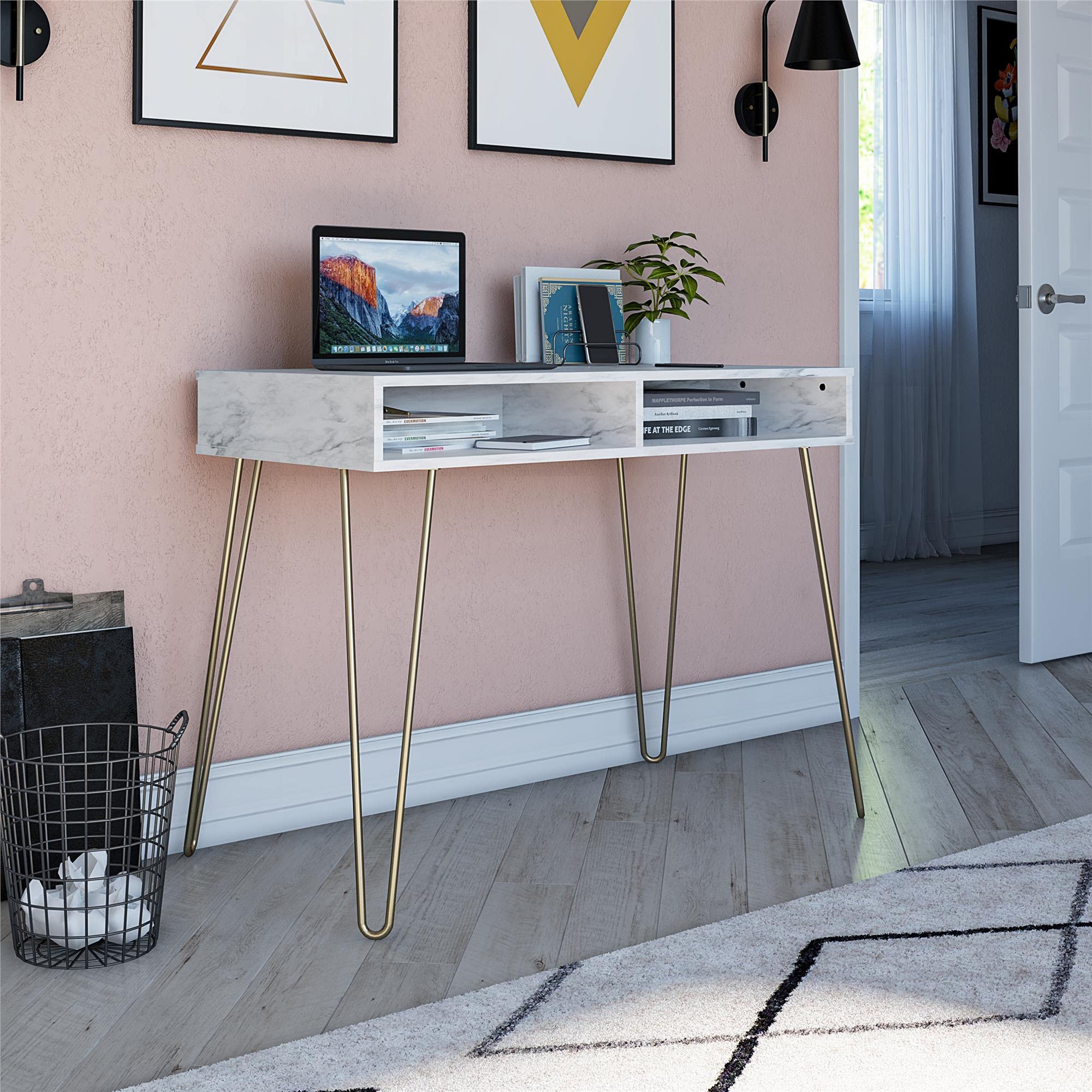 Novogratz Tallulah Pink Memory Foam Futon Sofa Bed & Athena White Marble Computer Desk with Storage - Perfect for Small Spaces, Home Office & Dorm Room