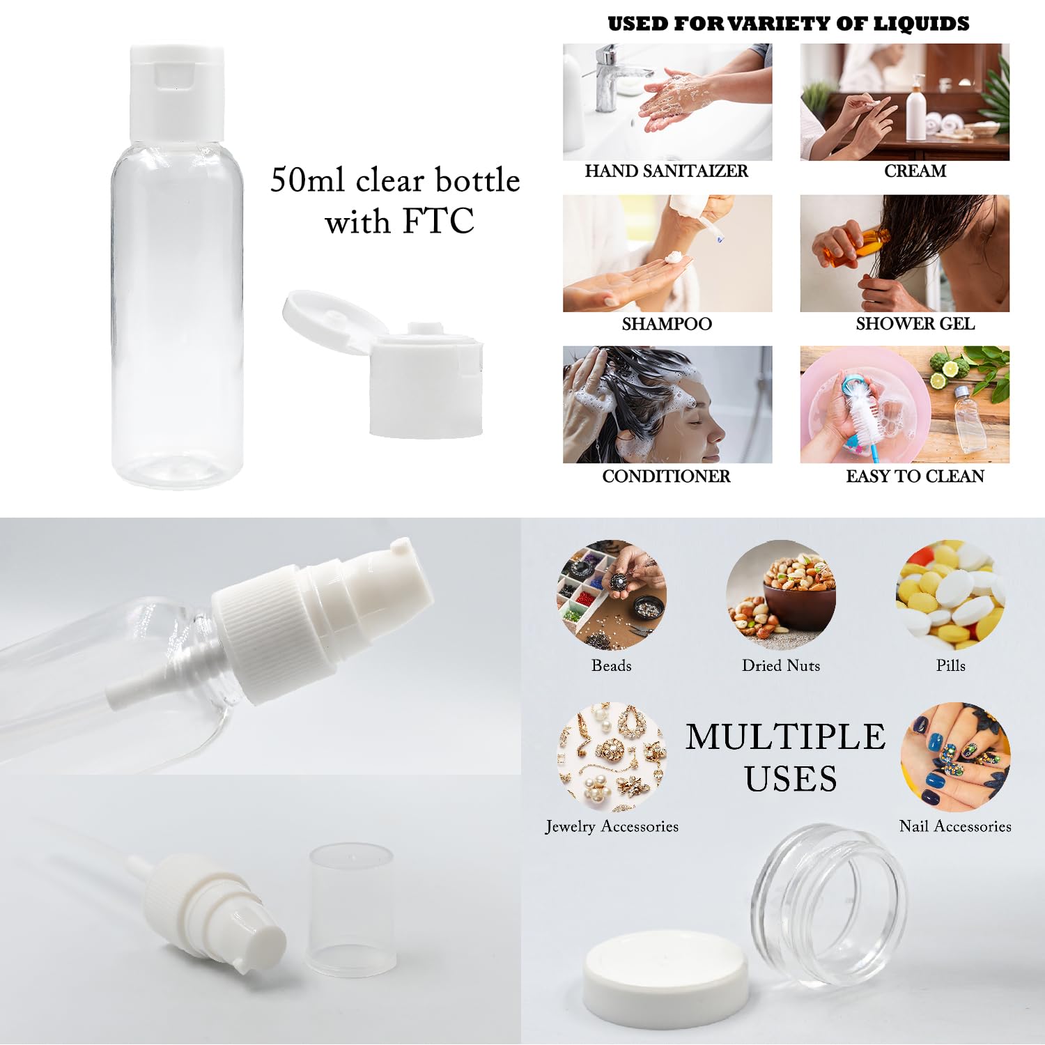 Happy Packaging 7-Piece Travel Bottles Kit - Leak Proof Refillable Toiletry Containers Set for Shampoo, Lotion, Cream & Mist Spray | Portable Cosmetic Jars for Airplane, Gym & Vacation (4 Bottles, White)